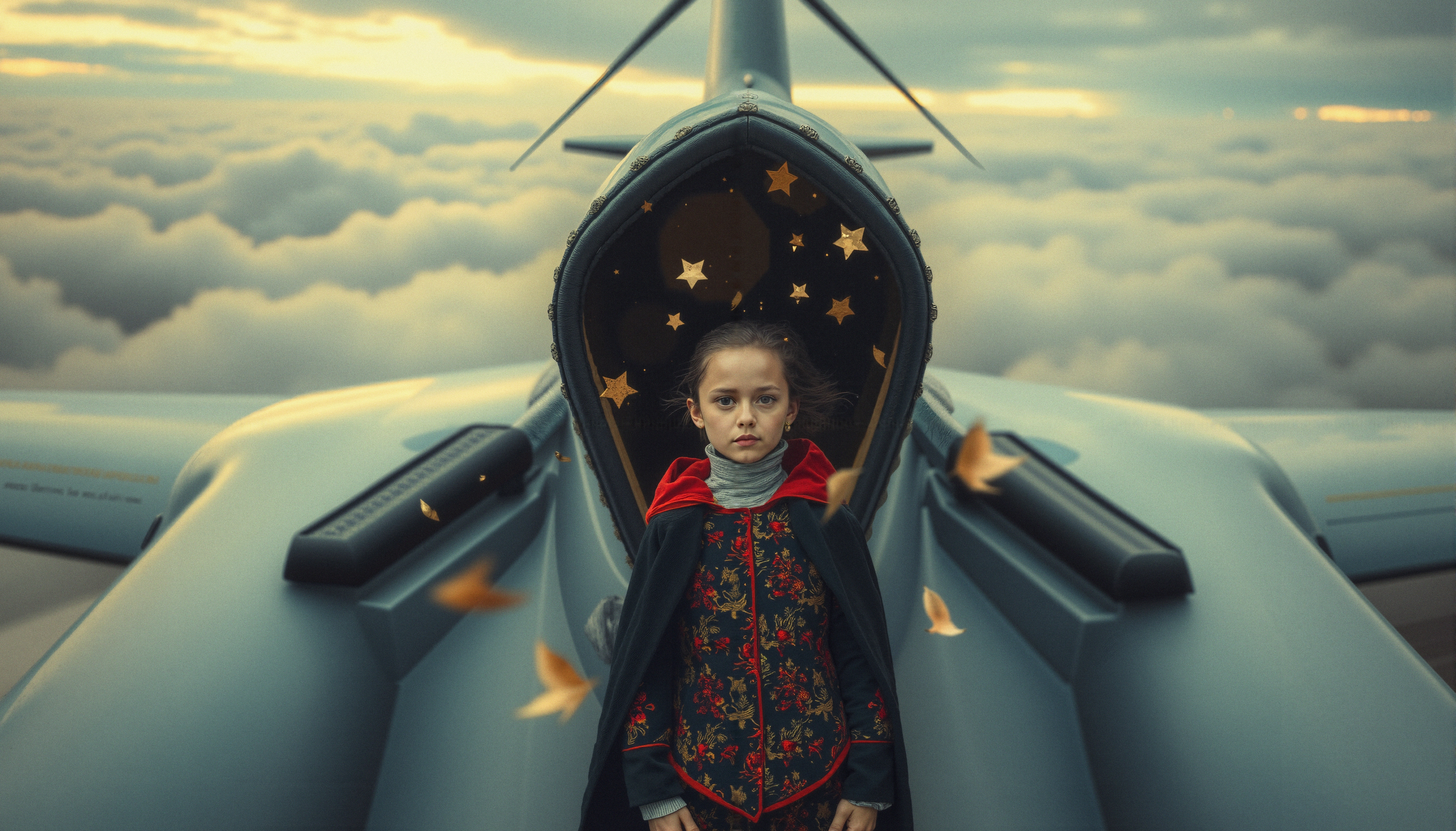 A young girl stands on an airplane amidst clouds, surrounded by floating stars, wearing a decorative red-hooded cloak.