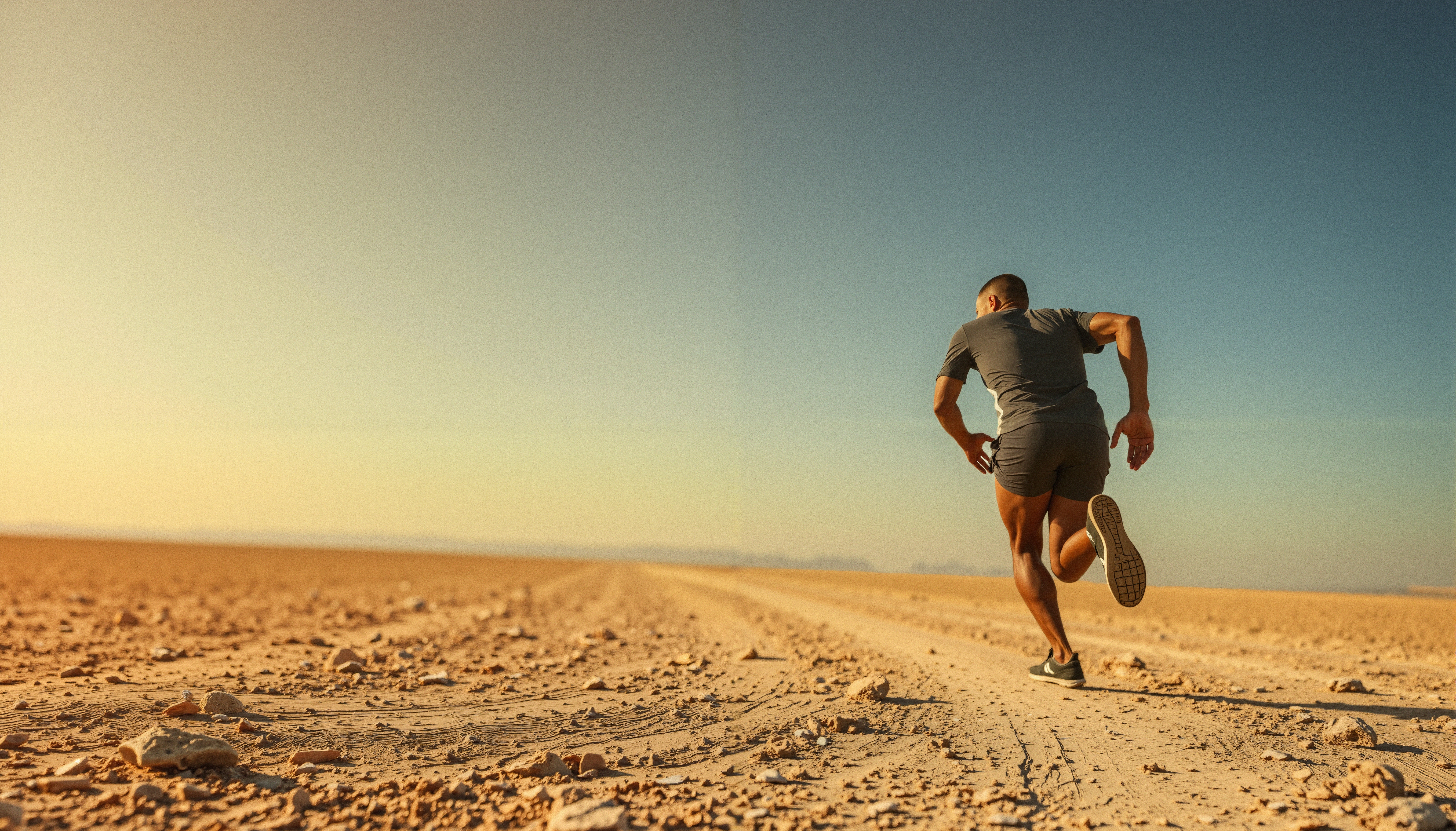 A runner in athletic gear dashes across a vast, sunlit desert landscape, emphasizing strength and agility.