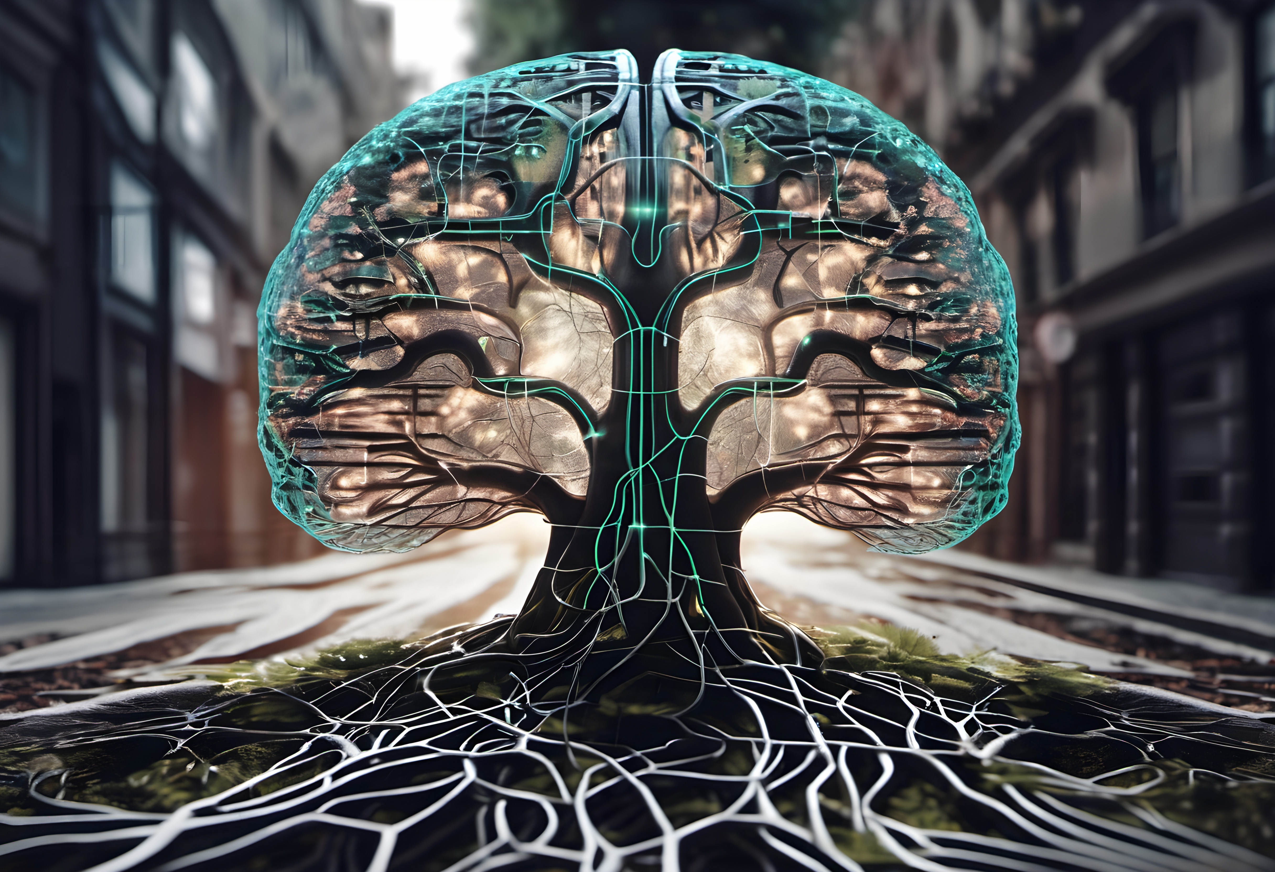 Artistic depiction of tree with neural network design blending nature and technology in an urban setting.
