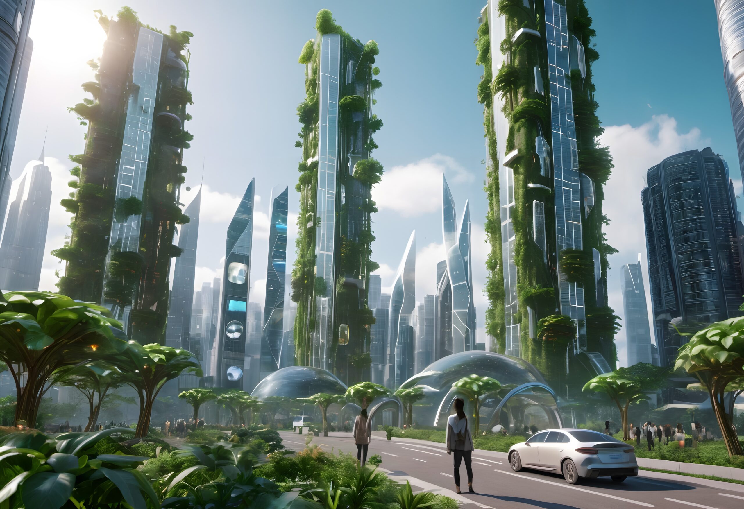Futuristic cityscape with green skyscrapers and modern design.