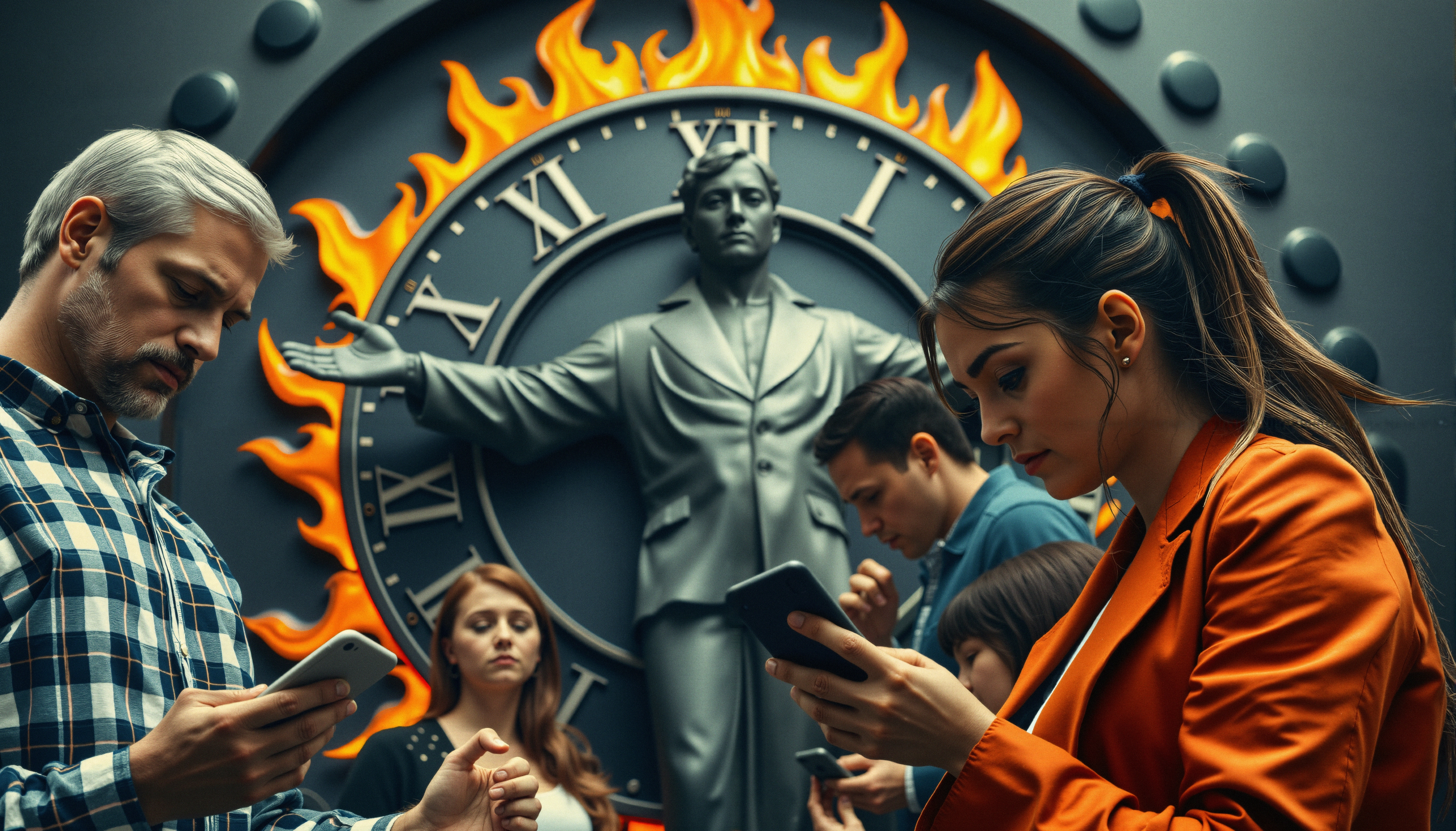 People focused on smartphones with a fiery clock and statue in the background, highlighting technology's hold on time.