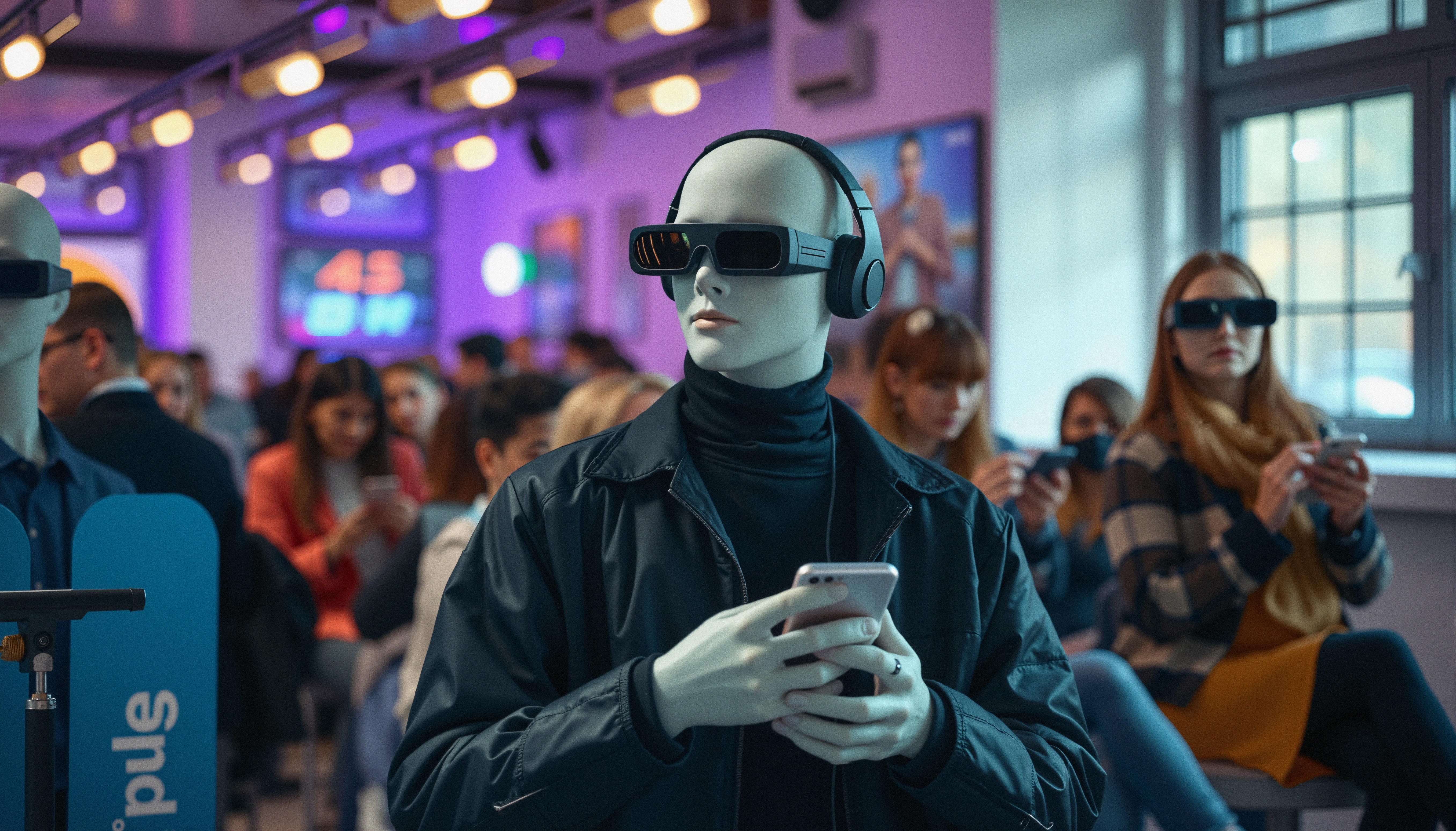 A mannequin with VR glasses and headphones in a tech-focused room.