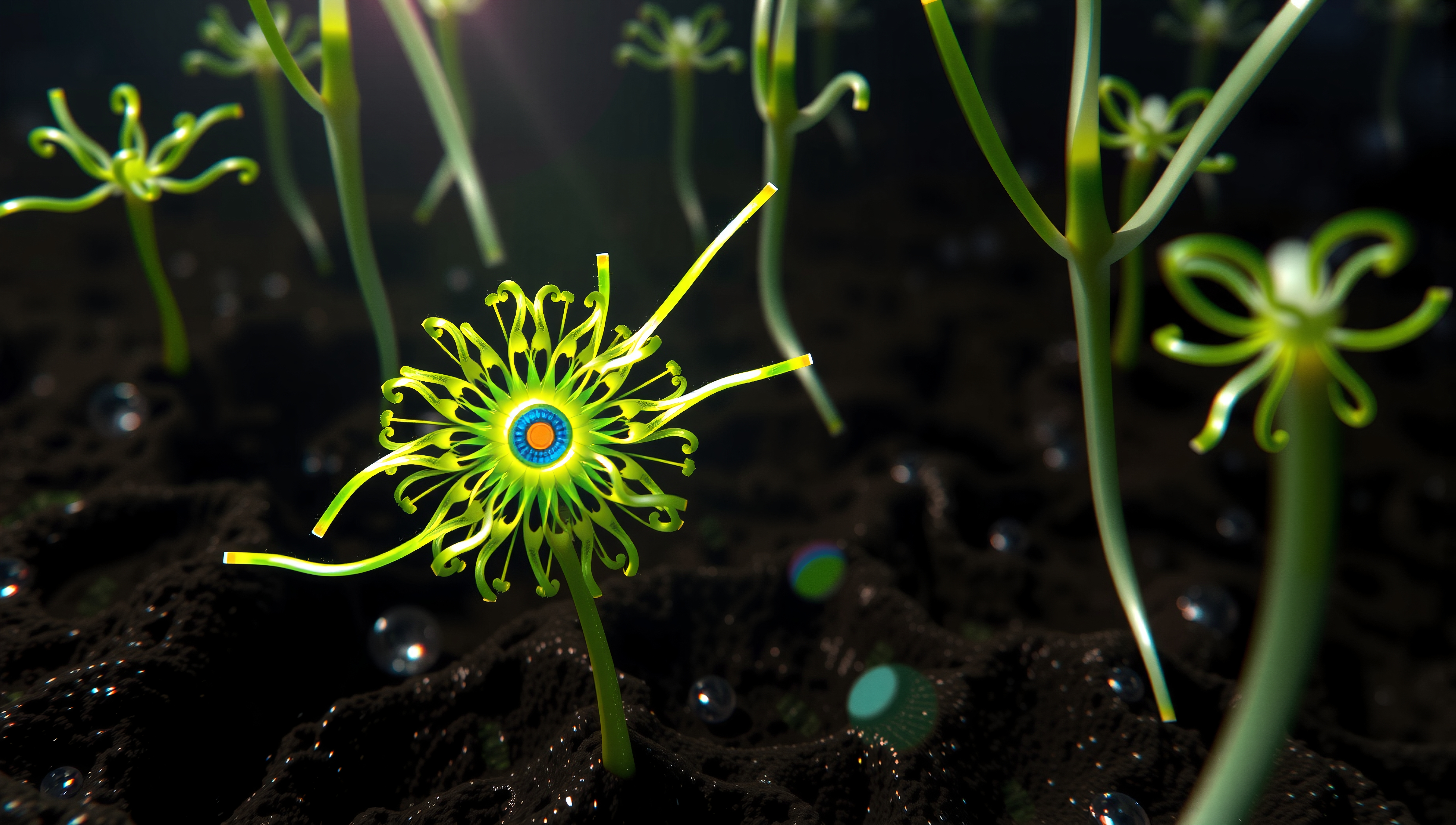 A surreal plant with glowing tendrils and vibrant colors in a dark, textured landscape, resembling a fantasy scene.
