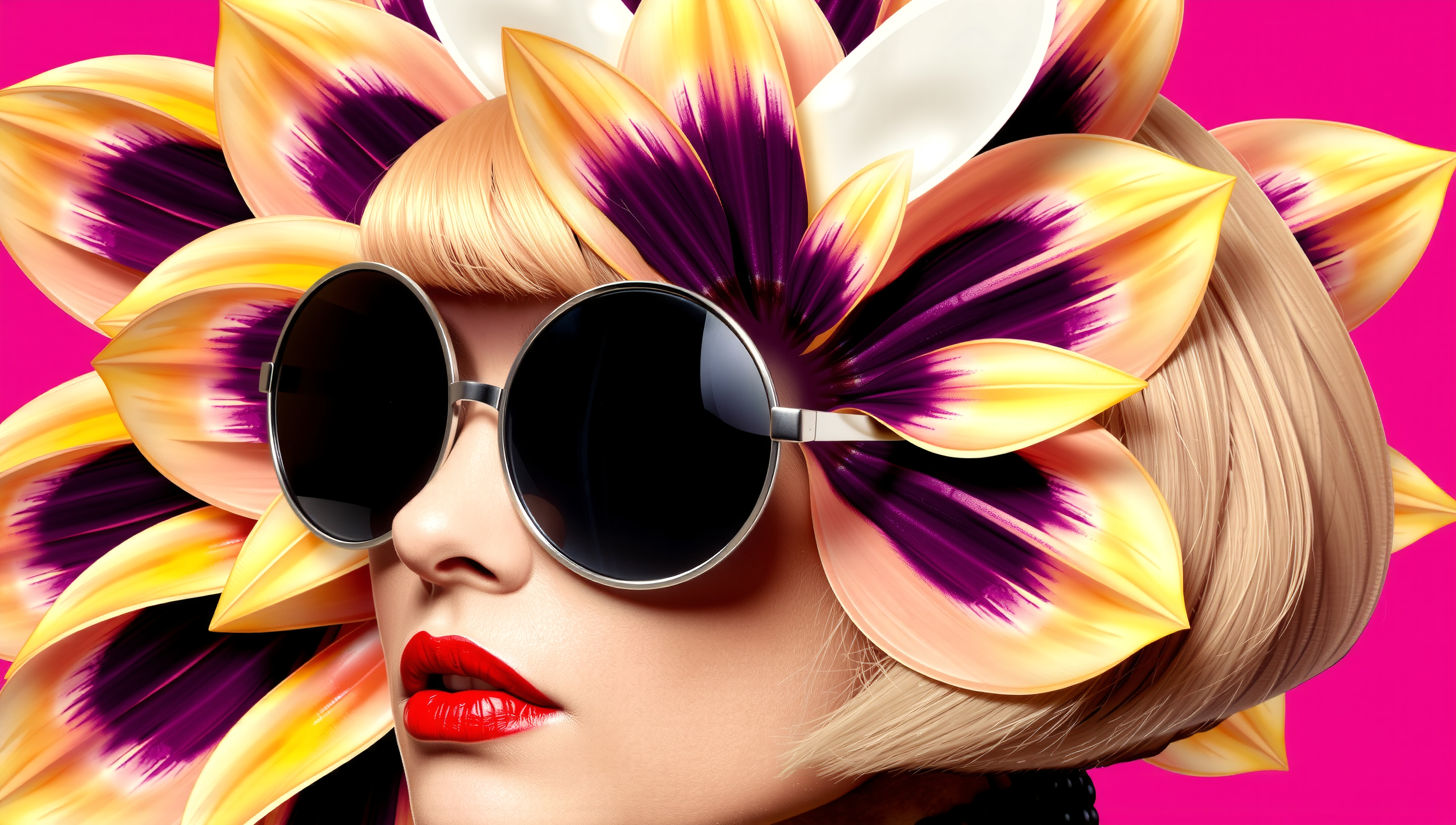 A stylish woman with a floral headpiece and sunglasses against a bright pink background.