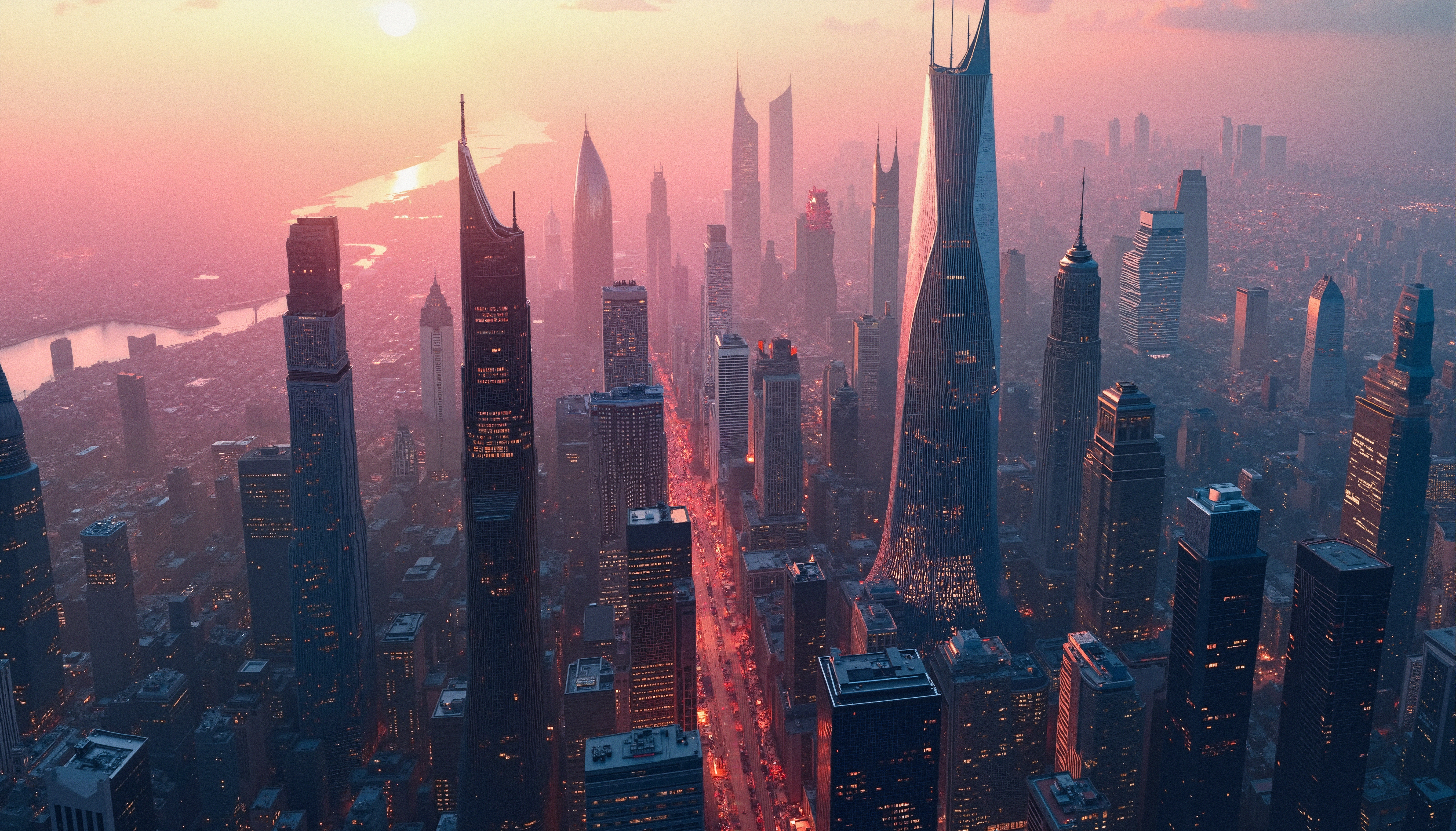Futuristic skyscrapers and sunset cityscape.
