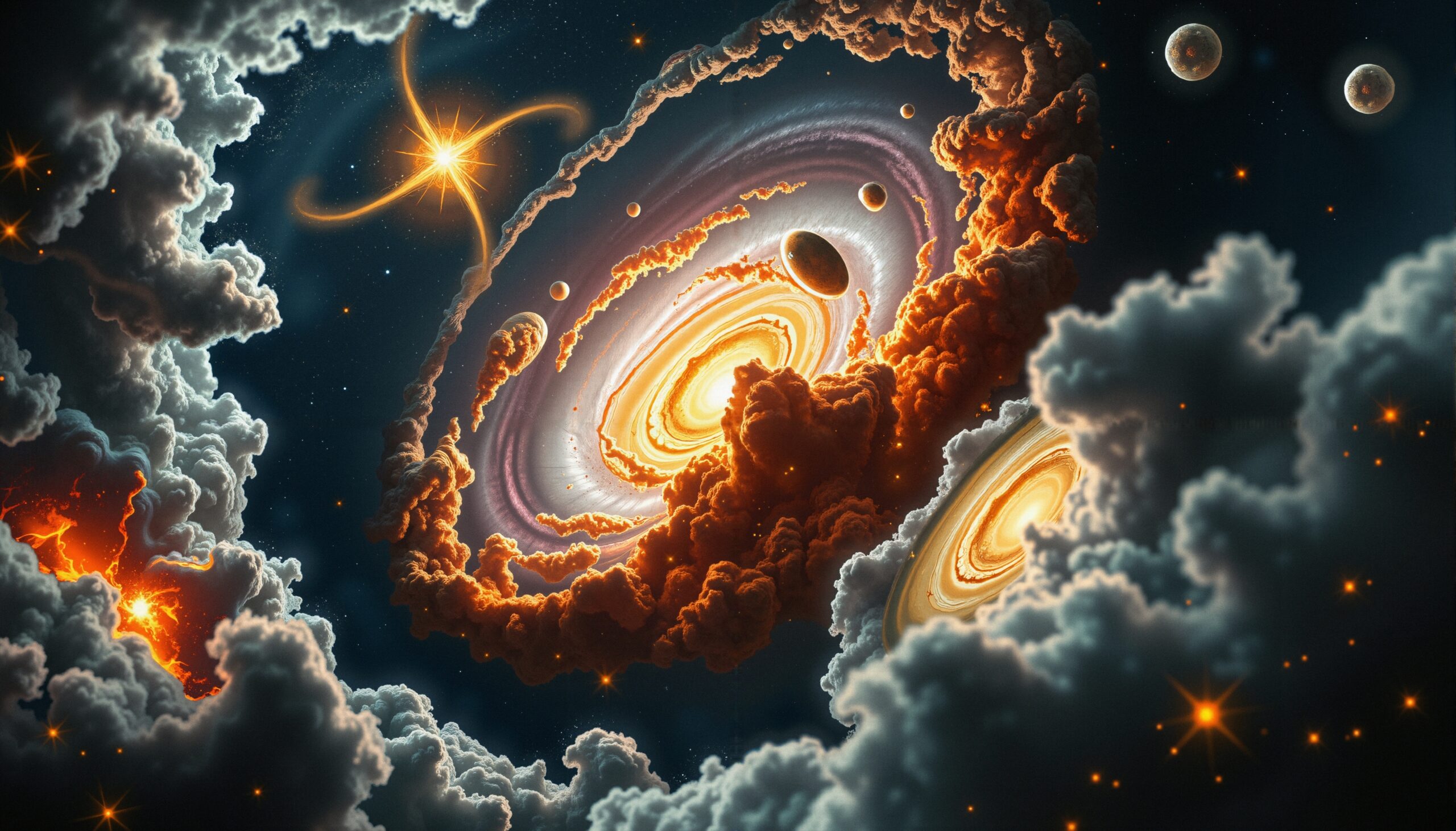 A fiery spiral galaxy surrounded by vibrant clouds and stars in space.
