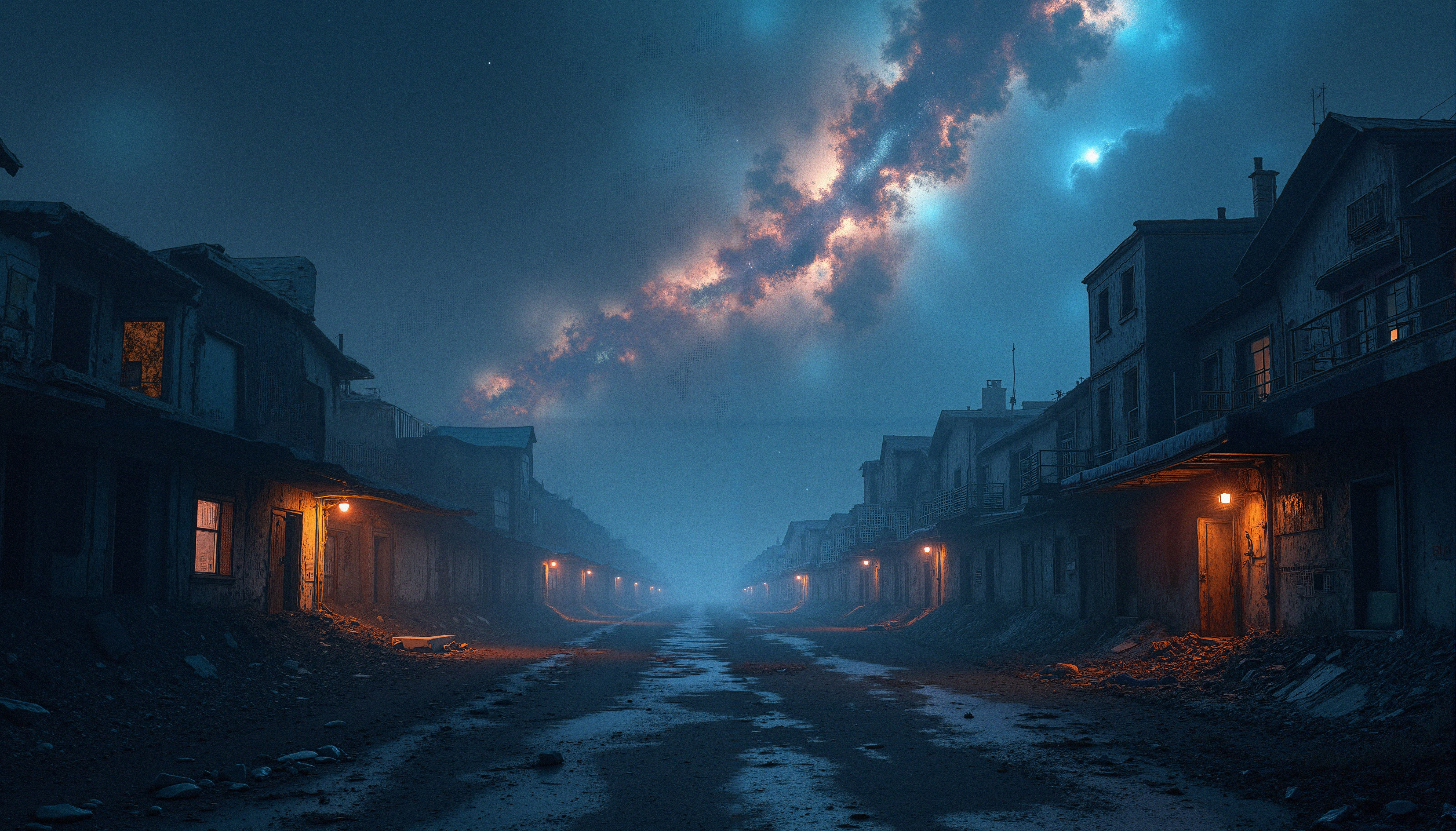 A desolate street under an ethereal, cosmic sky with warm streetlights illuminating the buildings.