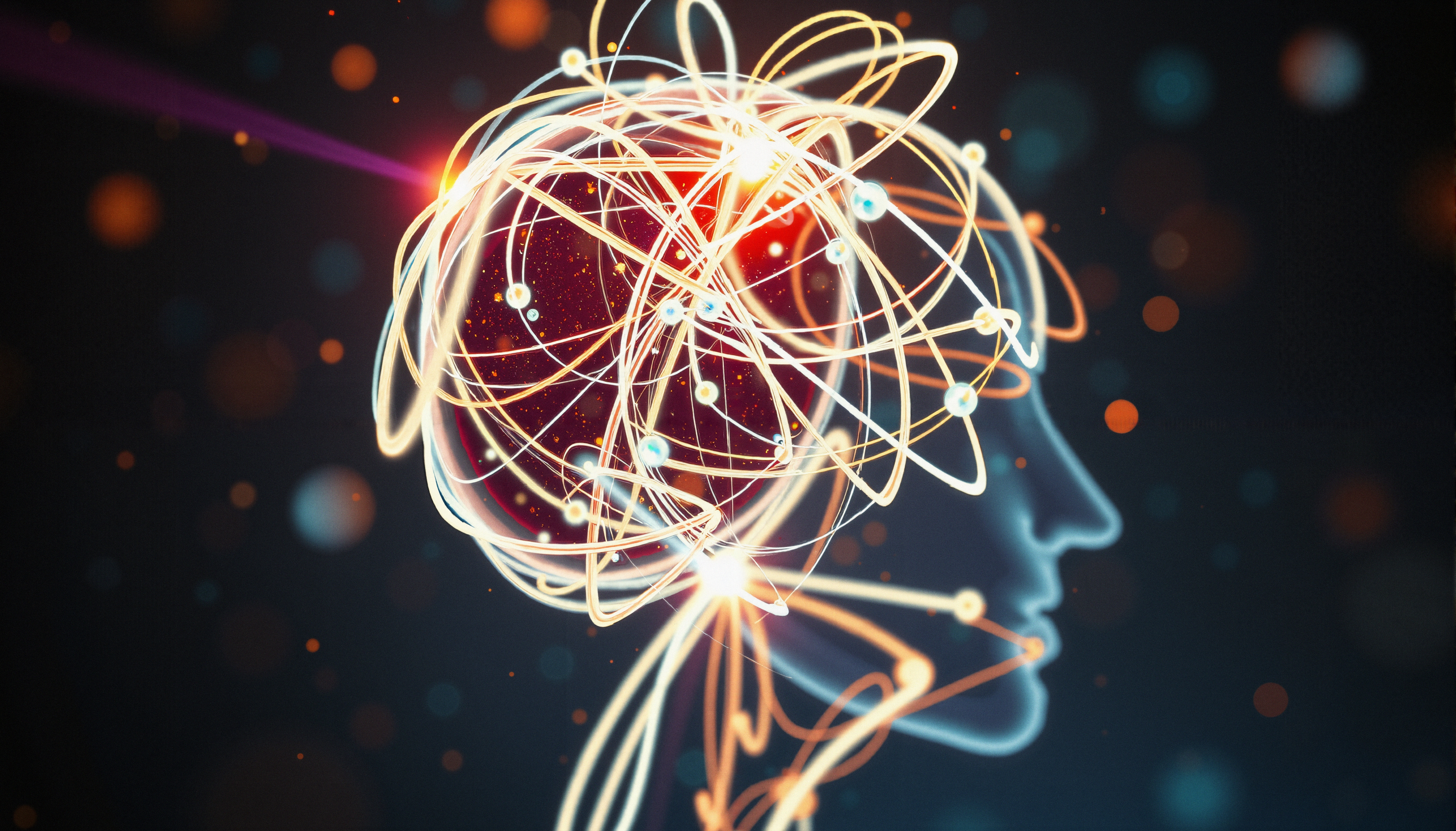 Illustration of an abstract glowing brain with neural connections on a dark background.