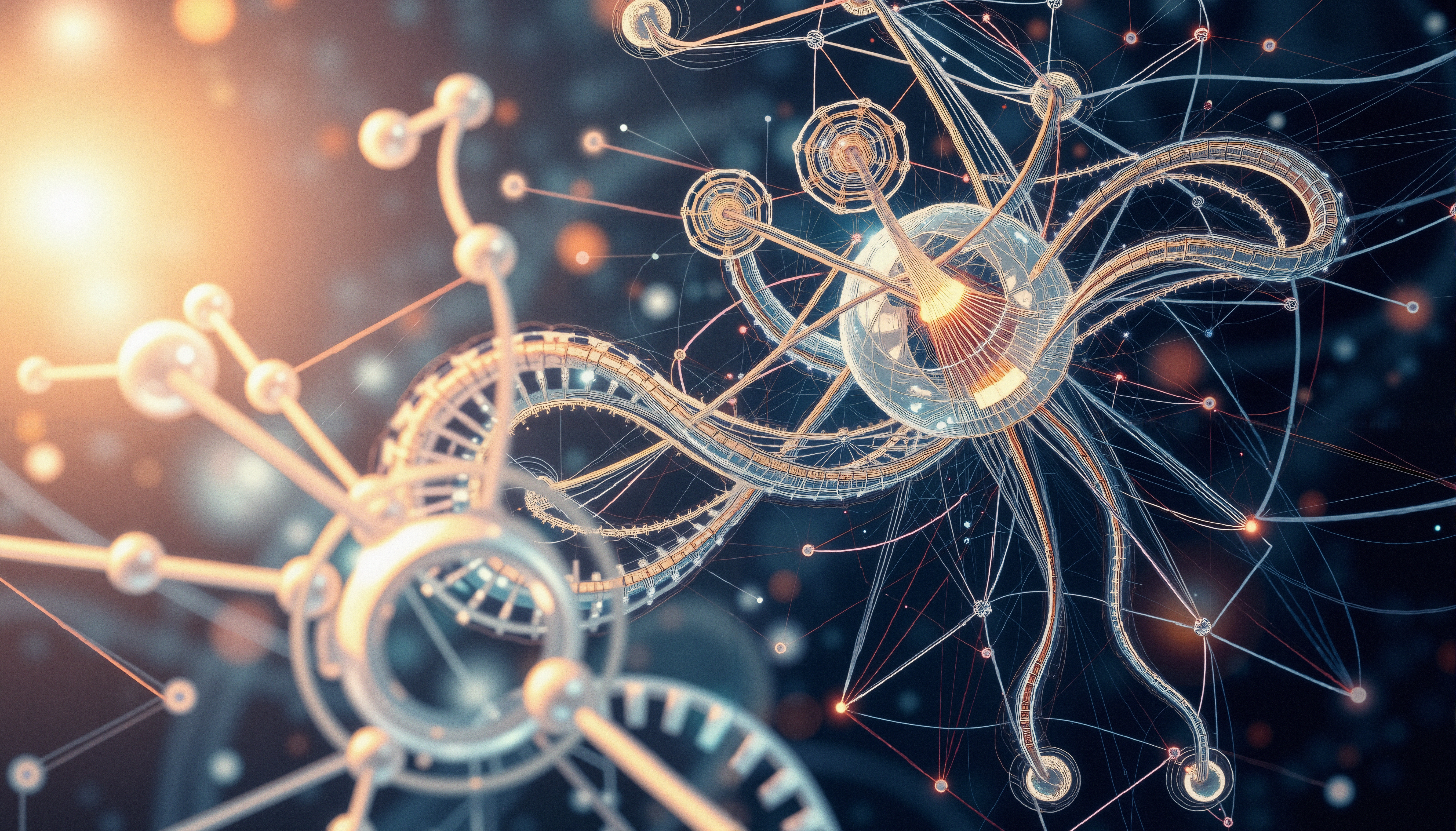 Abstract molecular and neural structures with interconnected nodes and luminous networks.