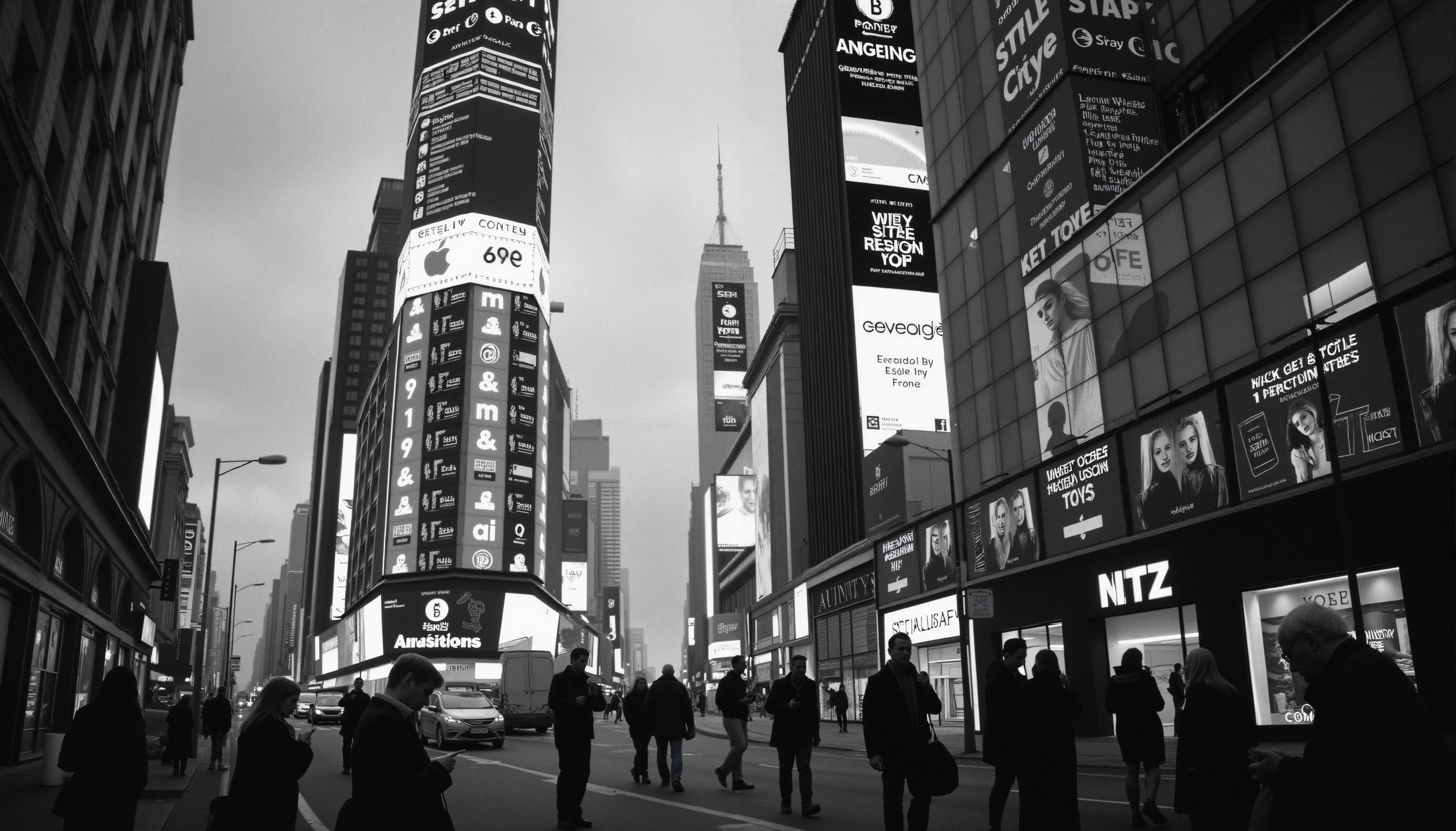 Monochrome city scene with illuminated billboards and bustling pedestrians.