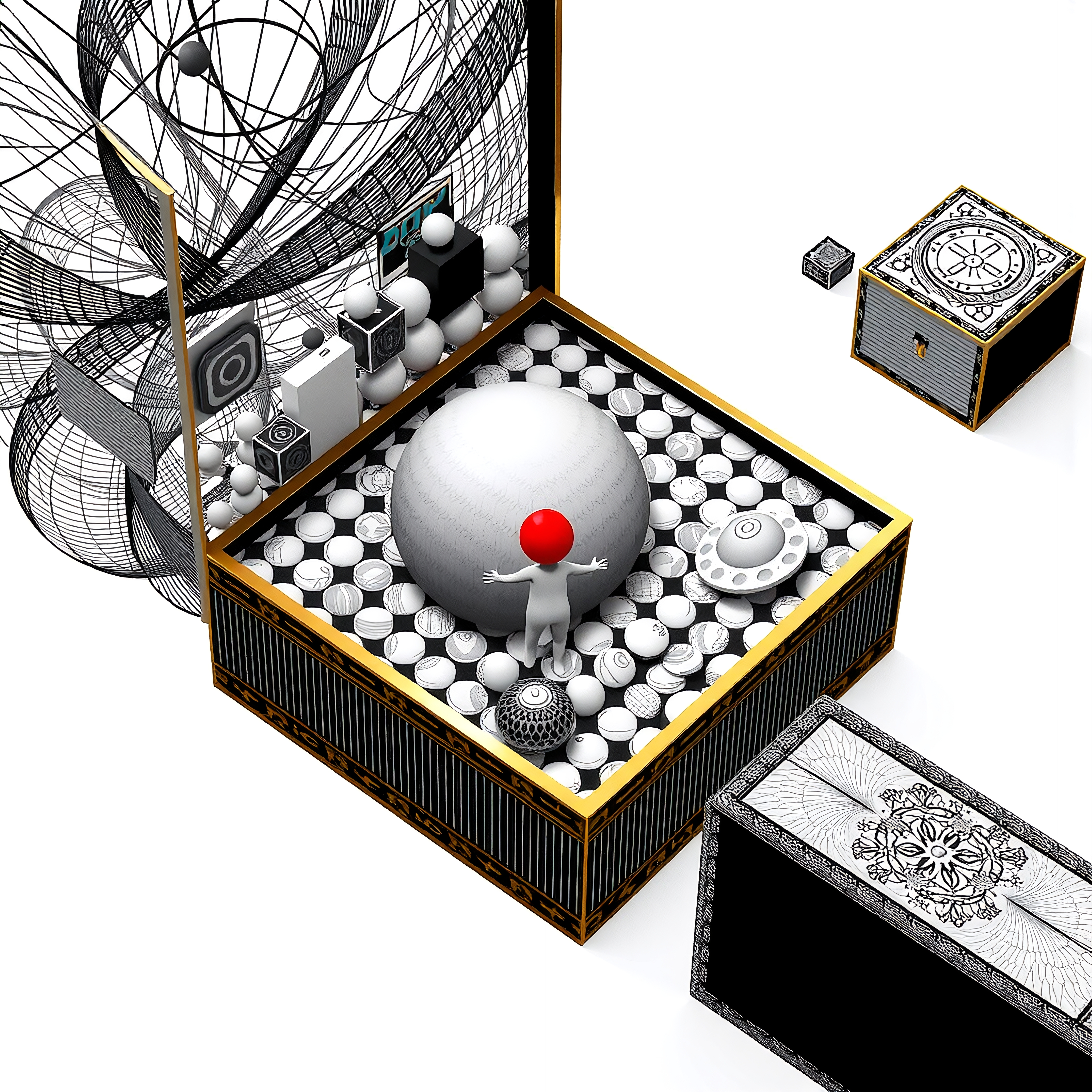 Abstract scene with red-headed figure in a mechanical box.