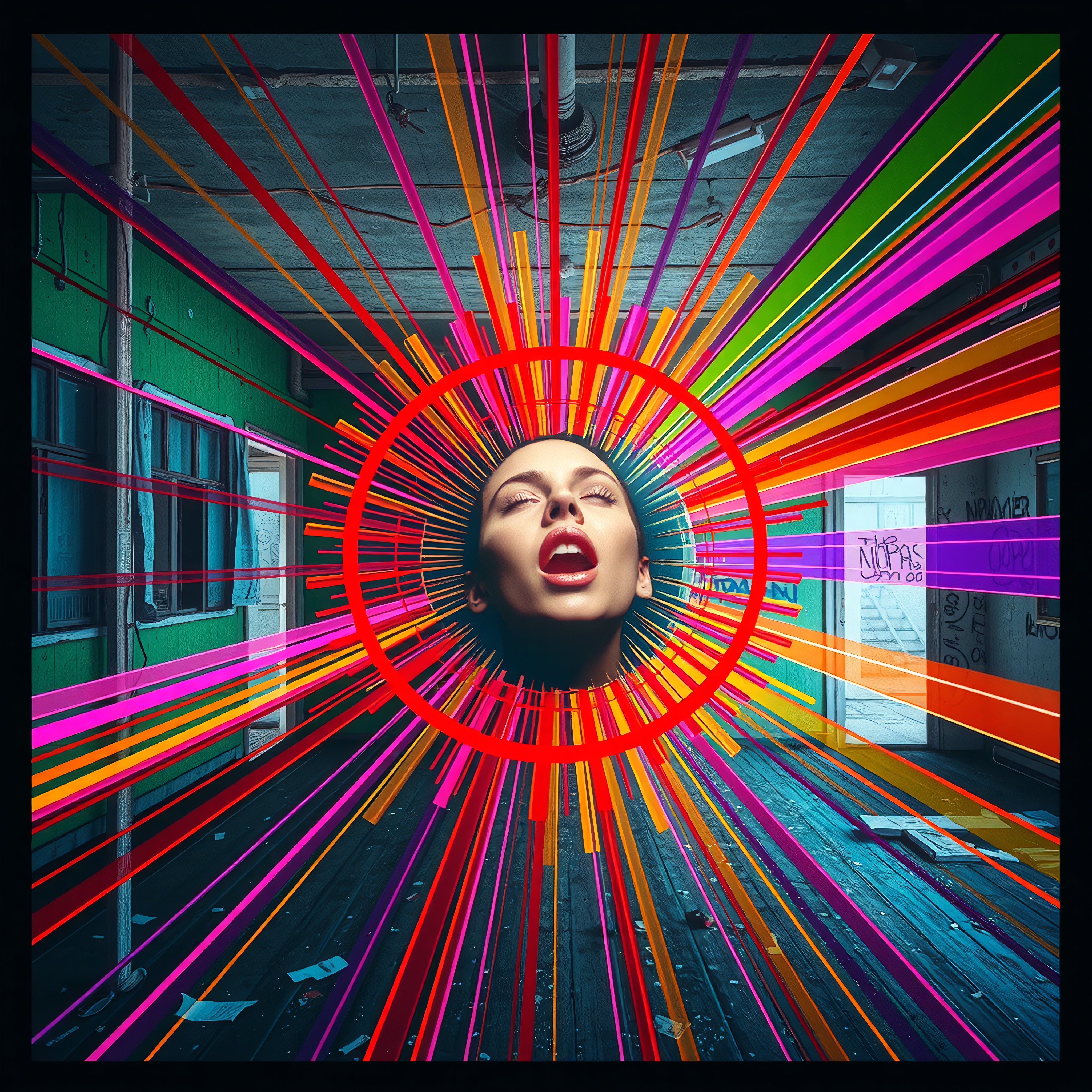 A woman's face amidst vibrant radiating lines in a graffiti-decorated urban setting.