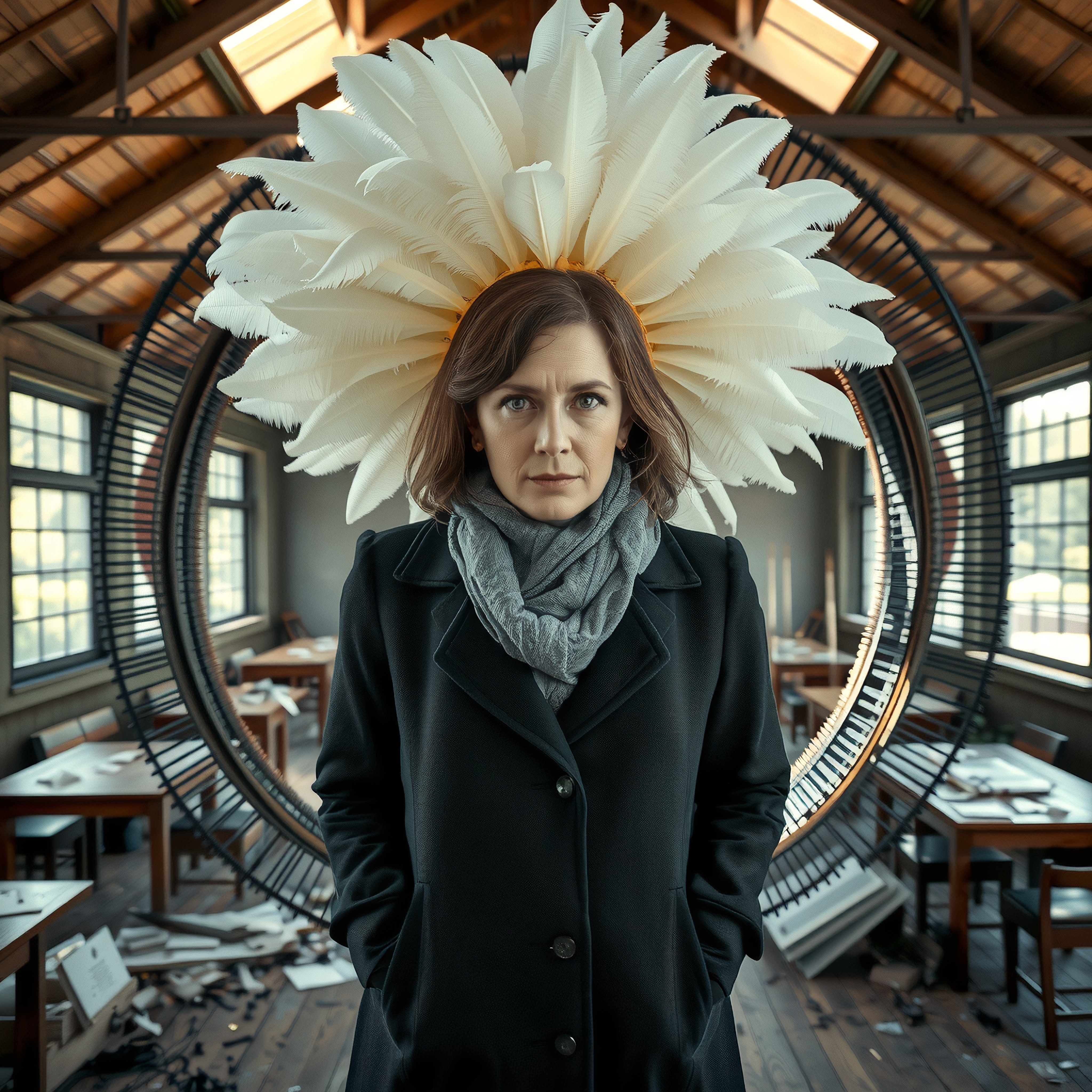 A woman stands amidst creativity, framed by a stunning feathered art installation in a sunlit room.