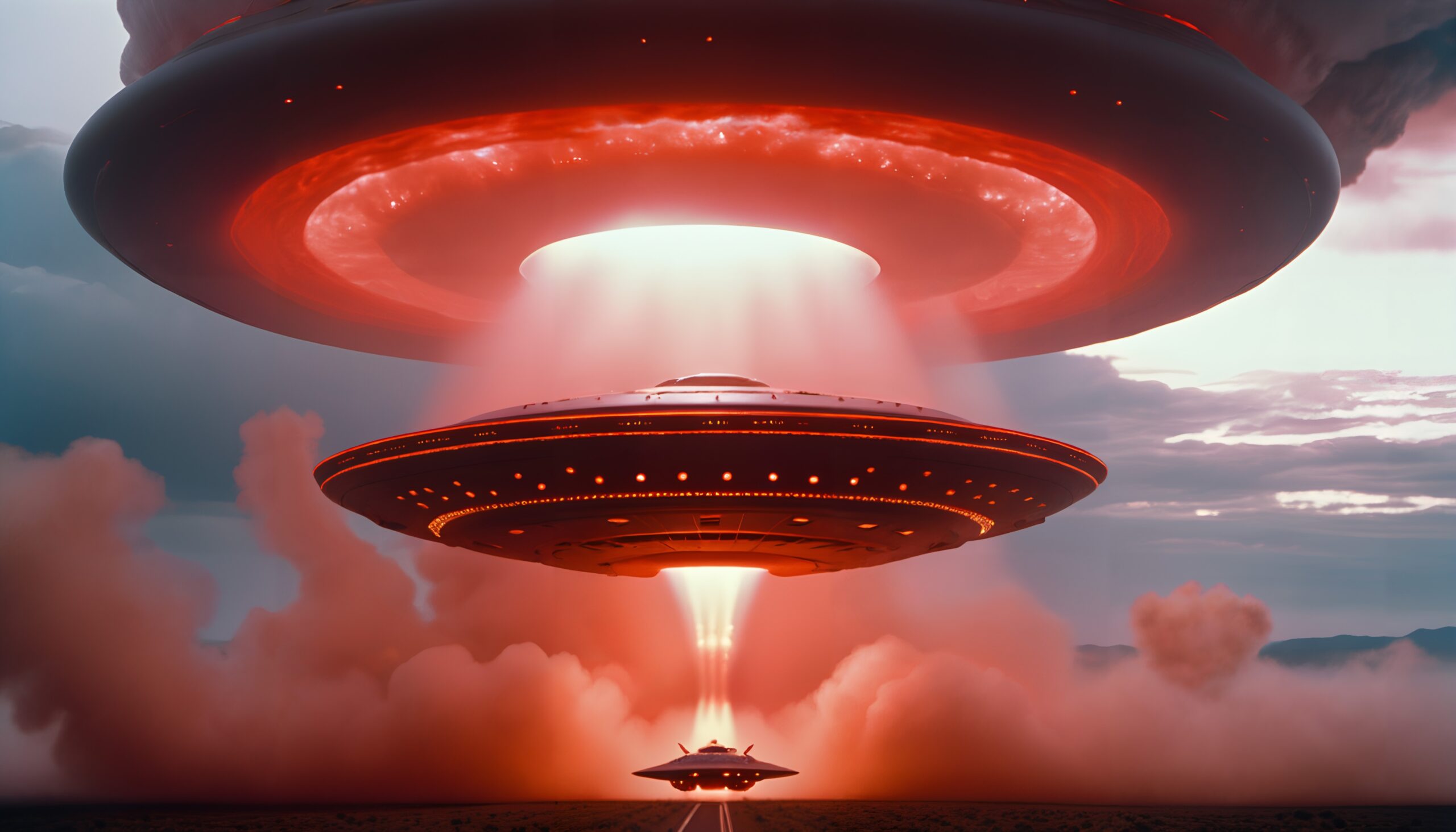 A fleet of UFOs ascends through glowing clouds, emitting radiant energy amidst a breathtaking, otherworldly landscape.