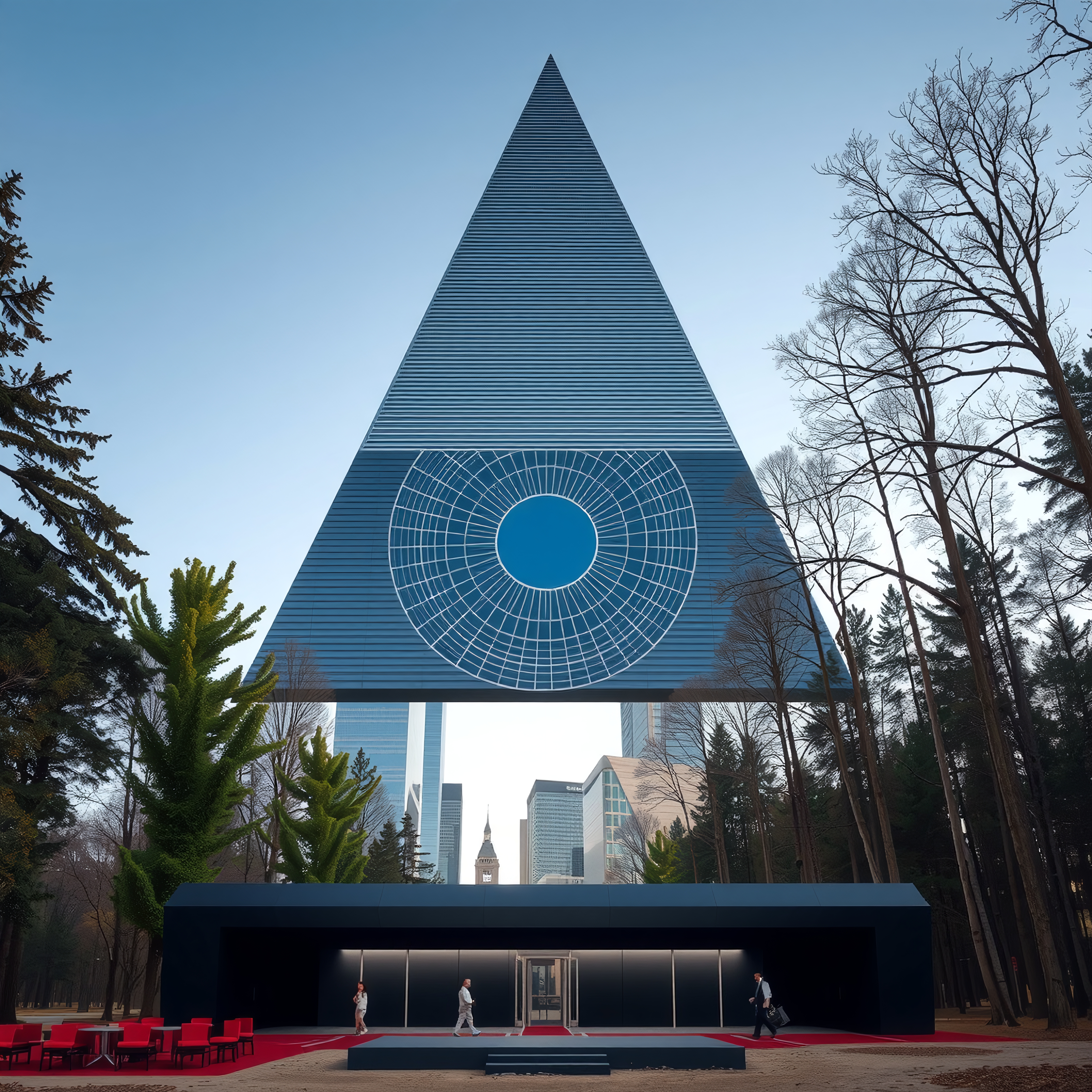 A modern triangular structure in a cityscape setting, blending urban architecture with natural surroundings.