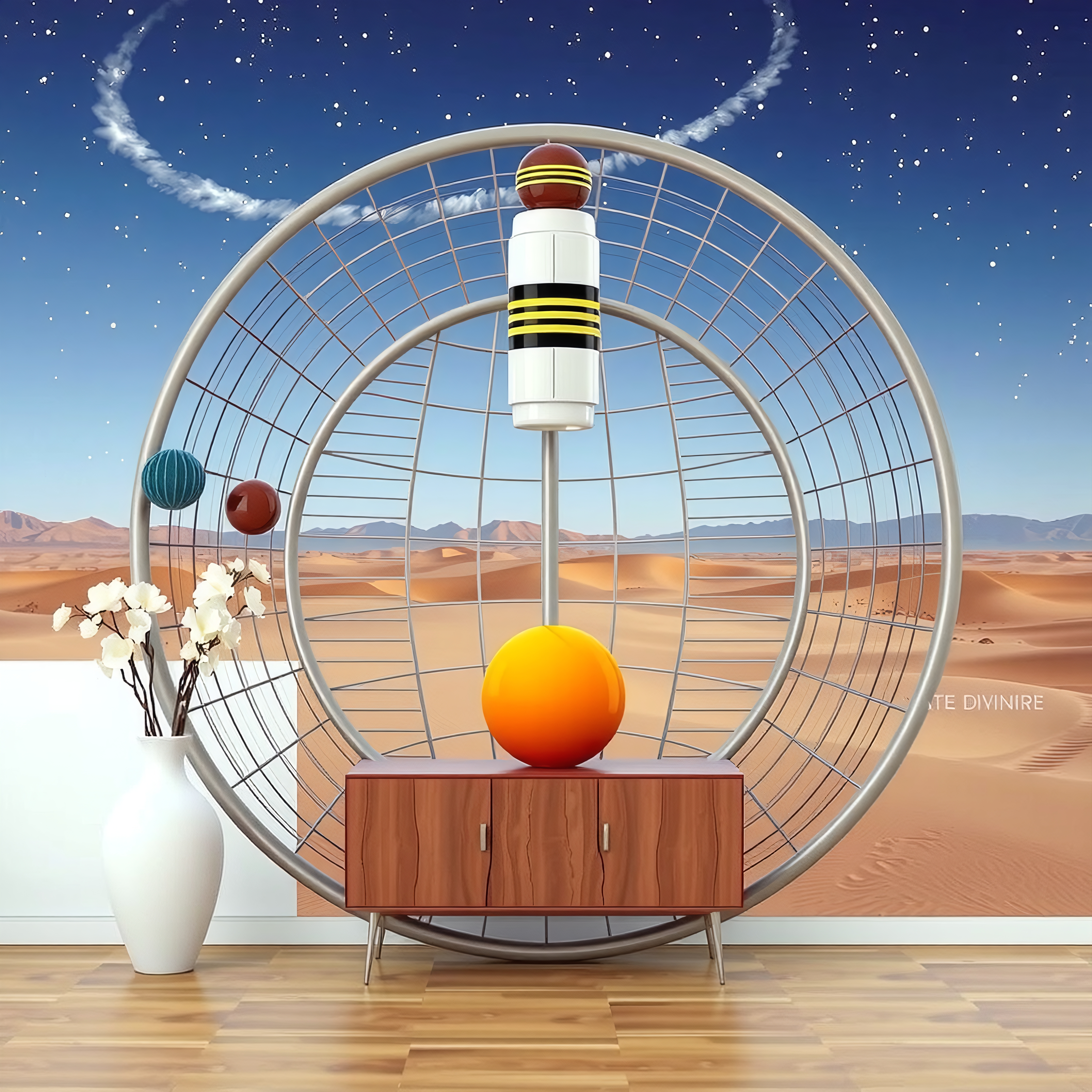 Decorative interior with desert mural background.