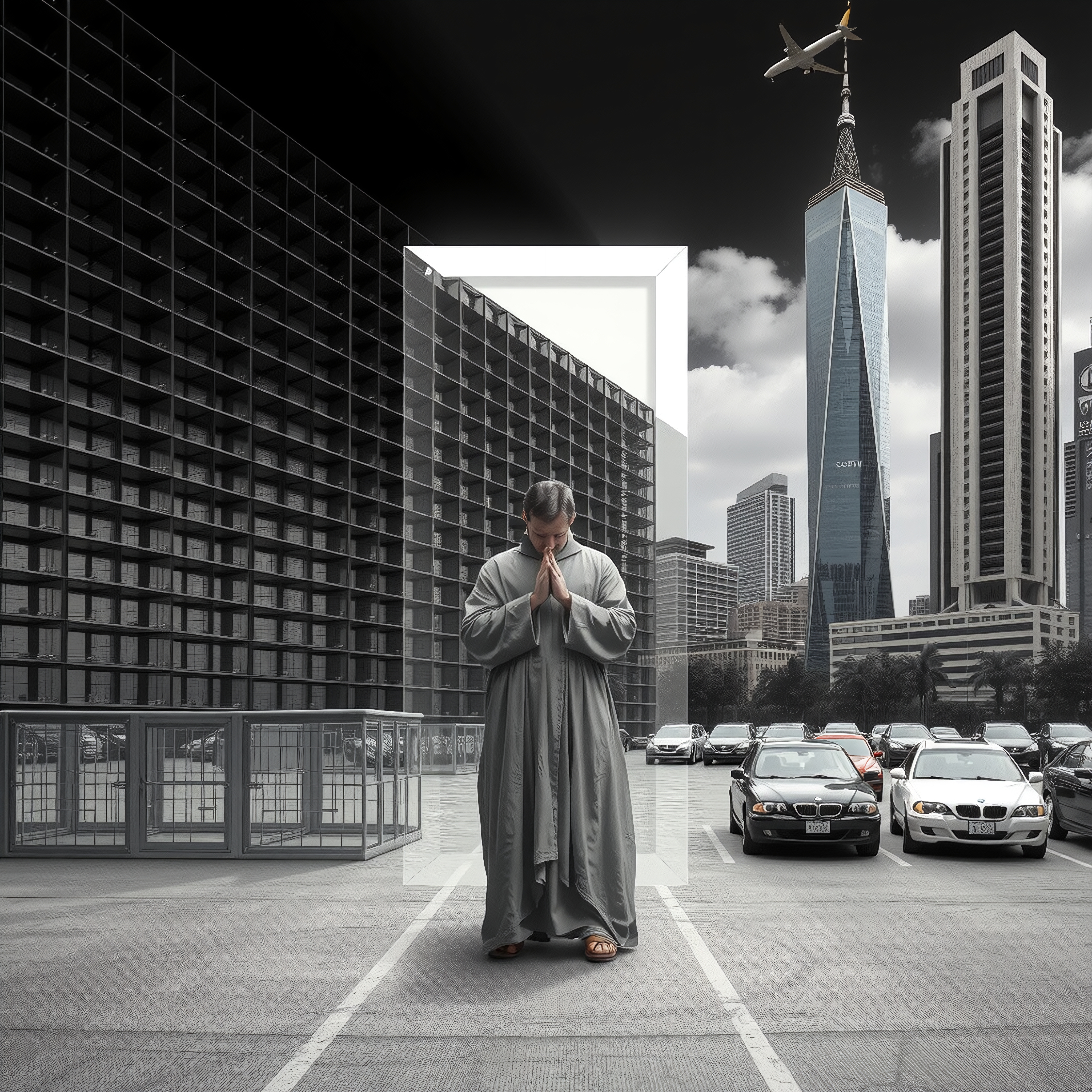 A man reflects on a rooftop amid a bustling cityscape.