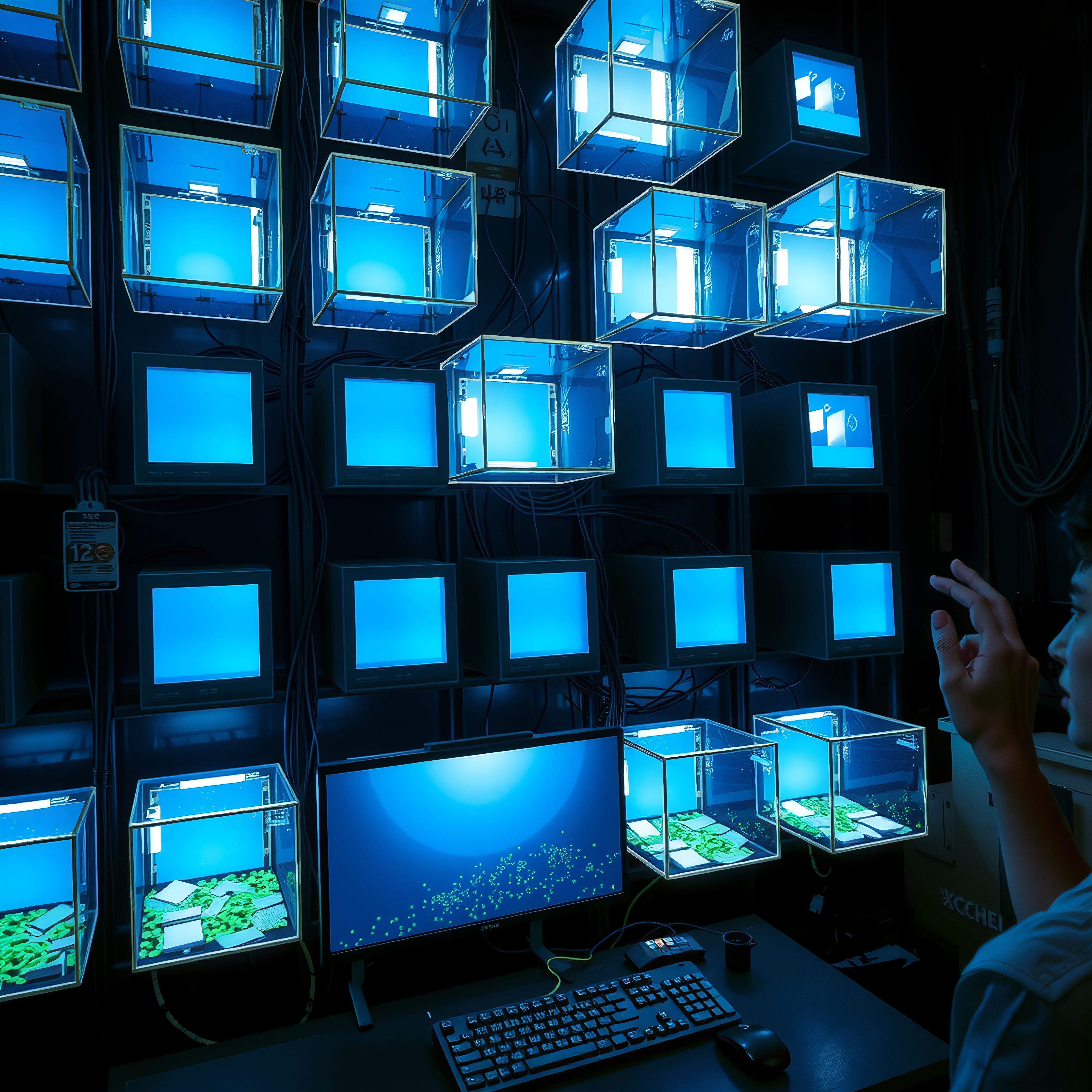Futuristic control room with glowing monitors and digital ecosystems.