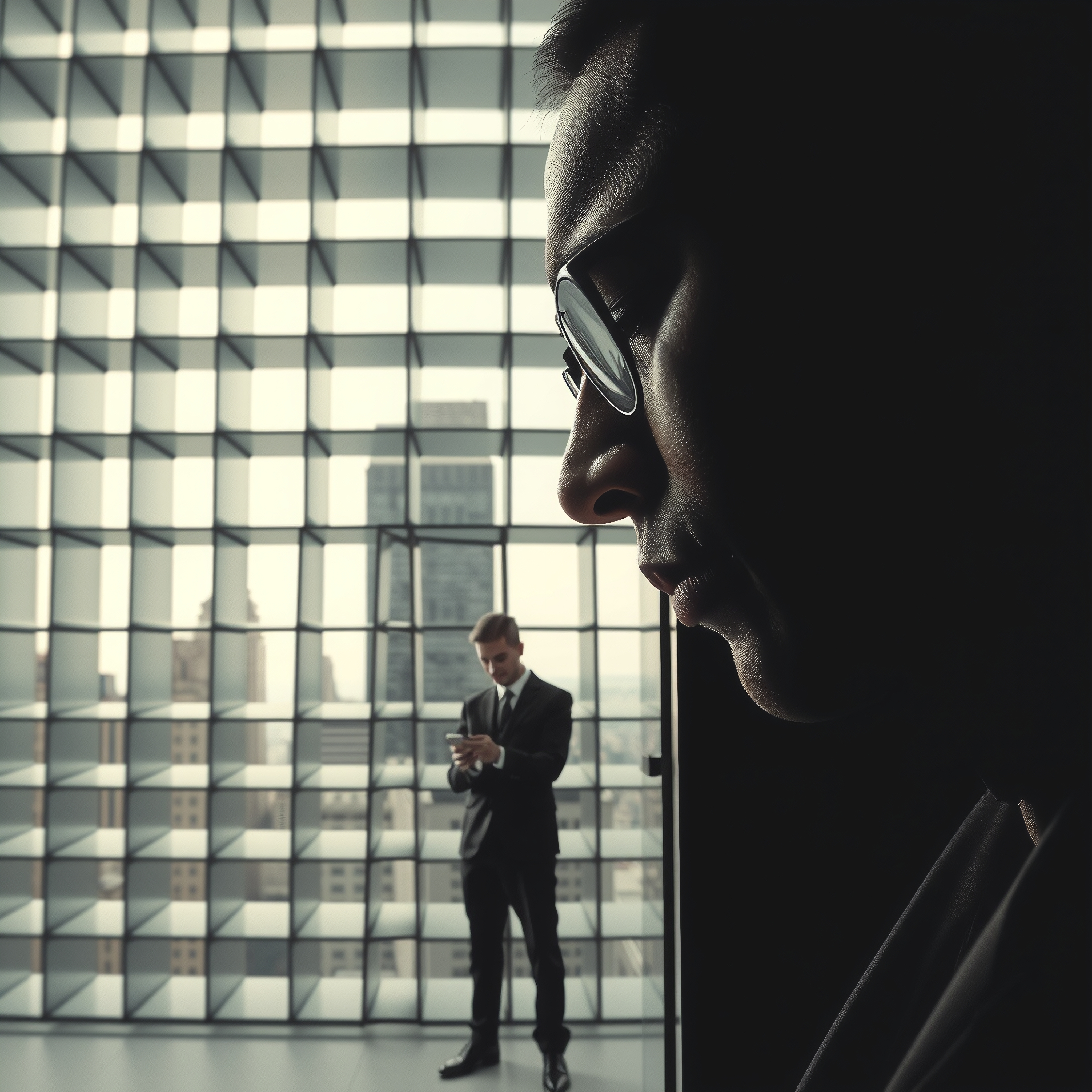 A person in glasses stands in profile against a grid-patterned window with a cityscape, as another individual uses a smartphone.