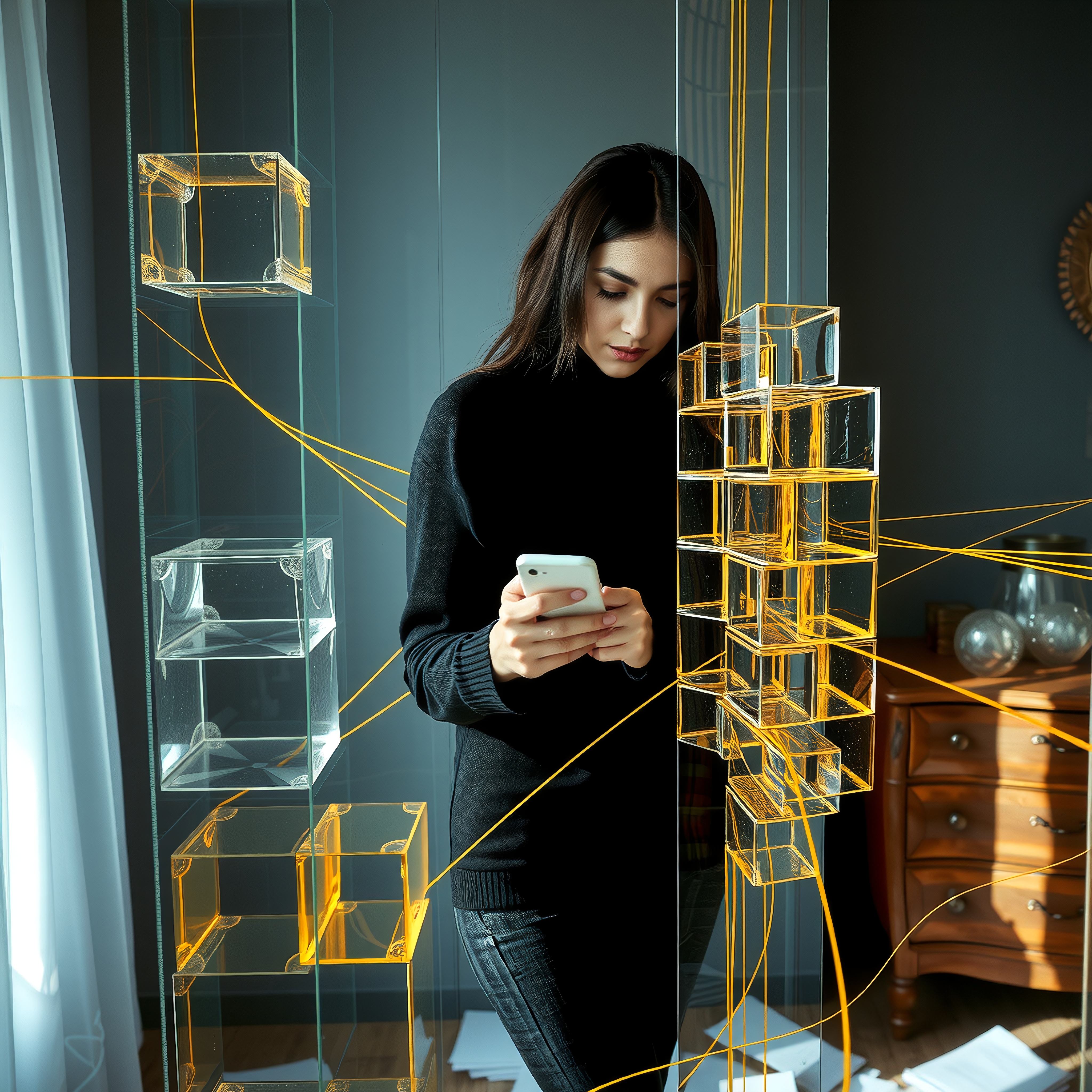 A woman standing with a smartphone, surrounded by glowing lines and transparent boxes in a modern room.