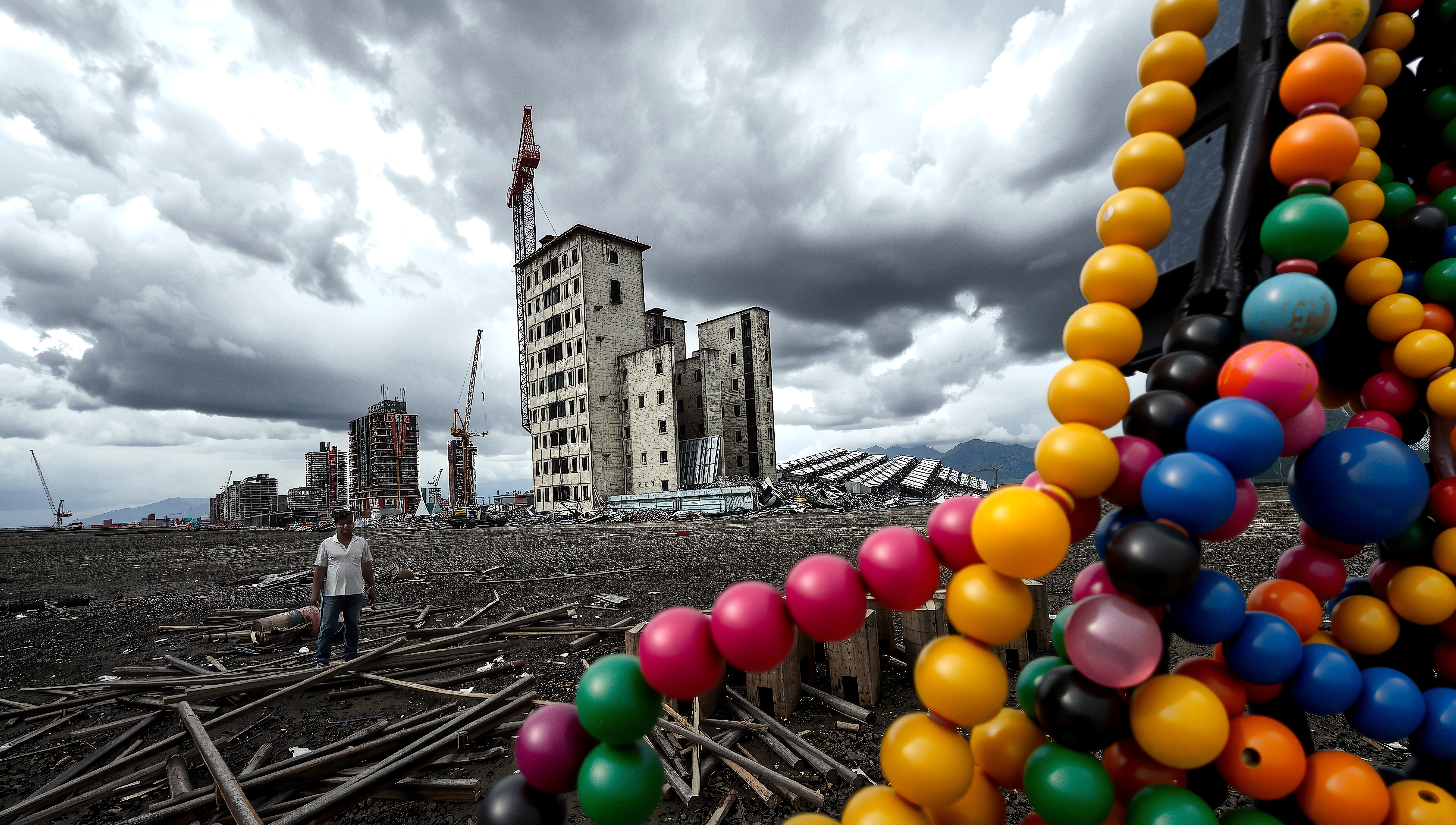 A man stands amidst debris at a construction site with colorful beads in the foreground against an overcast sky.