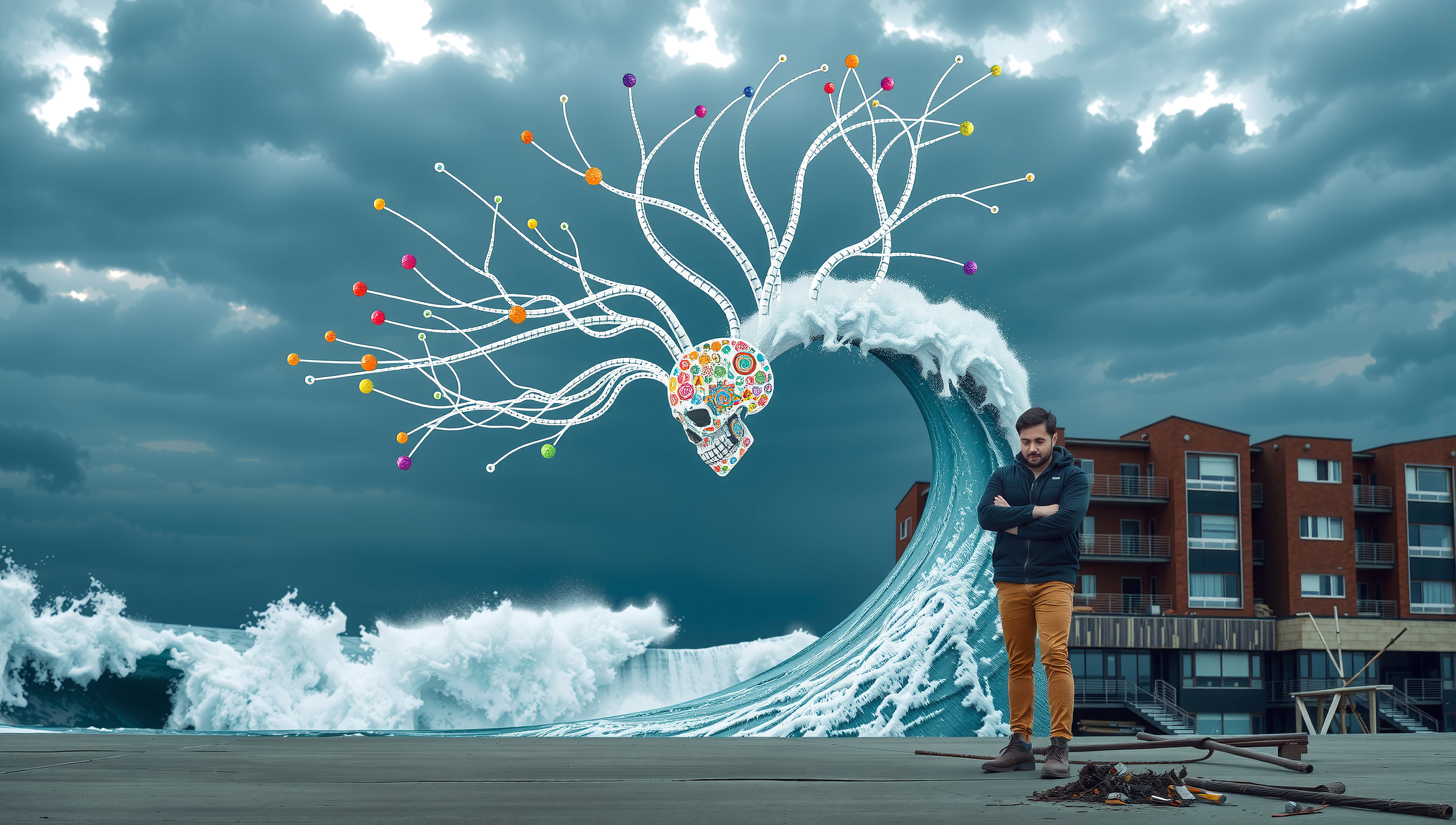 Surreal scene of wave with colorful skull, neural tendrils, man, and buildings.