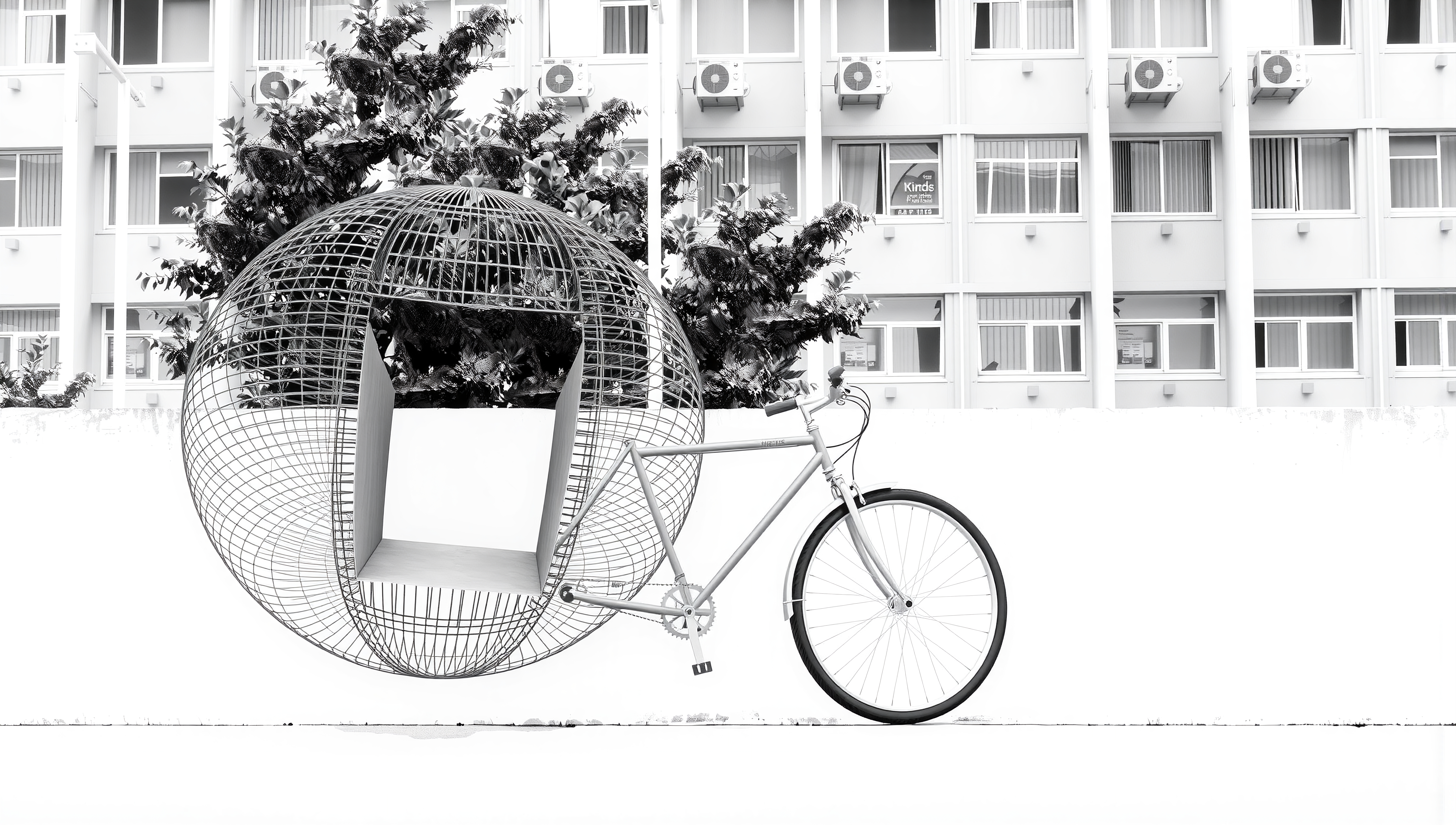 Monochrome bicycle with spherical artistic structural design.