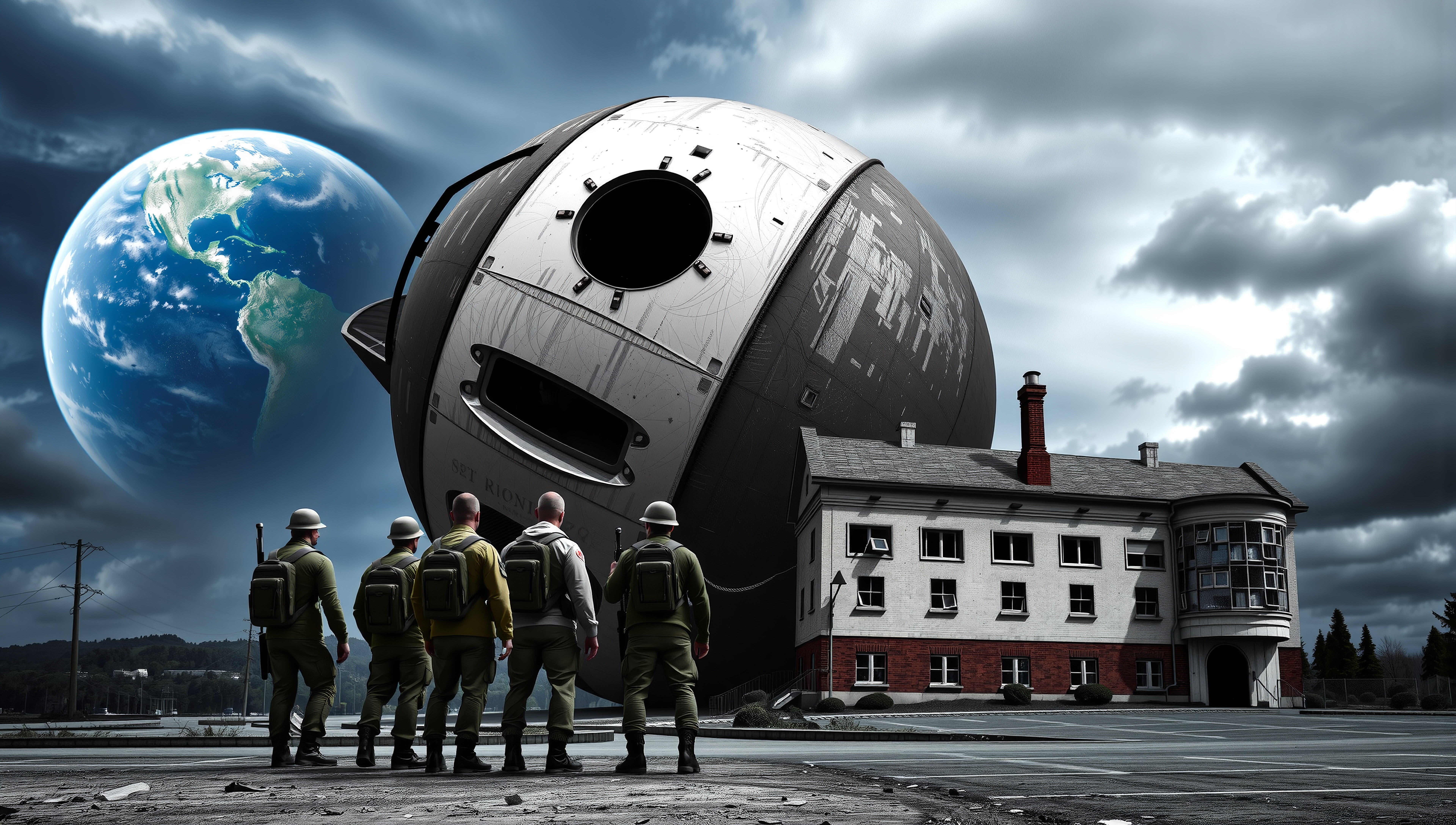 Military personnel facing mysterious sphere.