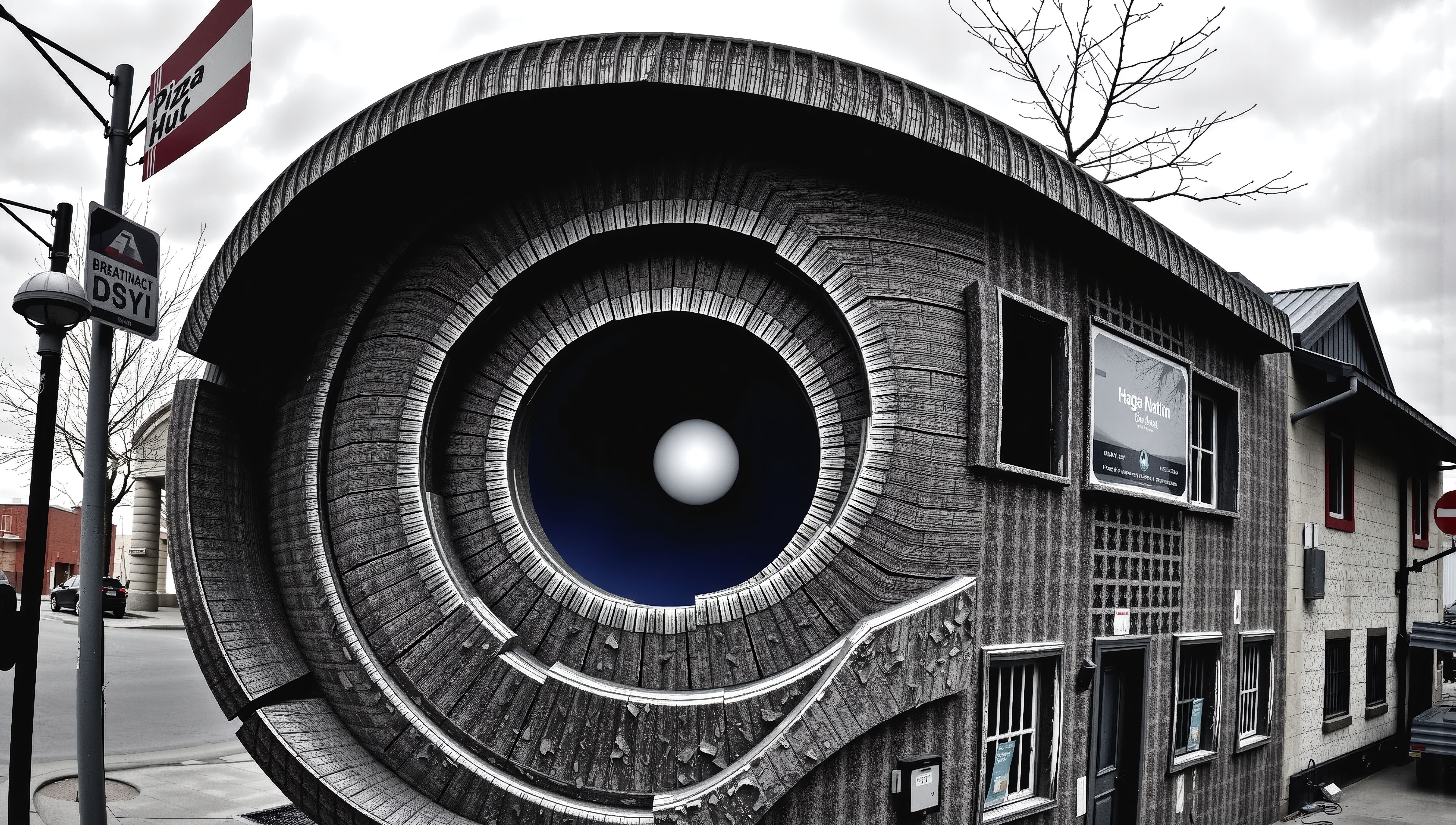 Image of a building with an eye-shaped facade, featuring concentric circular designs and a central orb, contrasting with surrounding urban architecture.