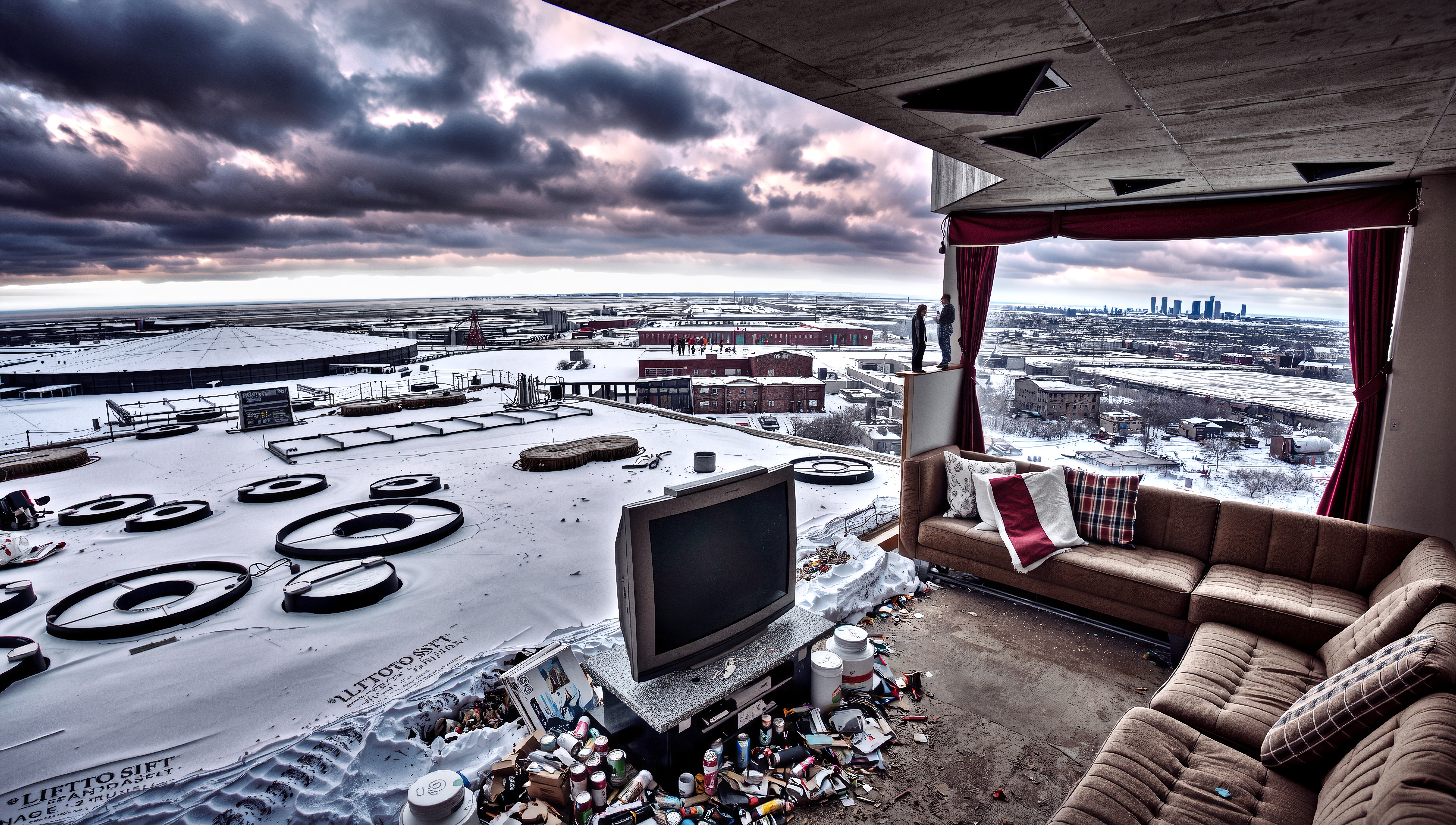Abandoned room with snowy cityscape view featuring a vintage television, sofa, and scattered clutter.