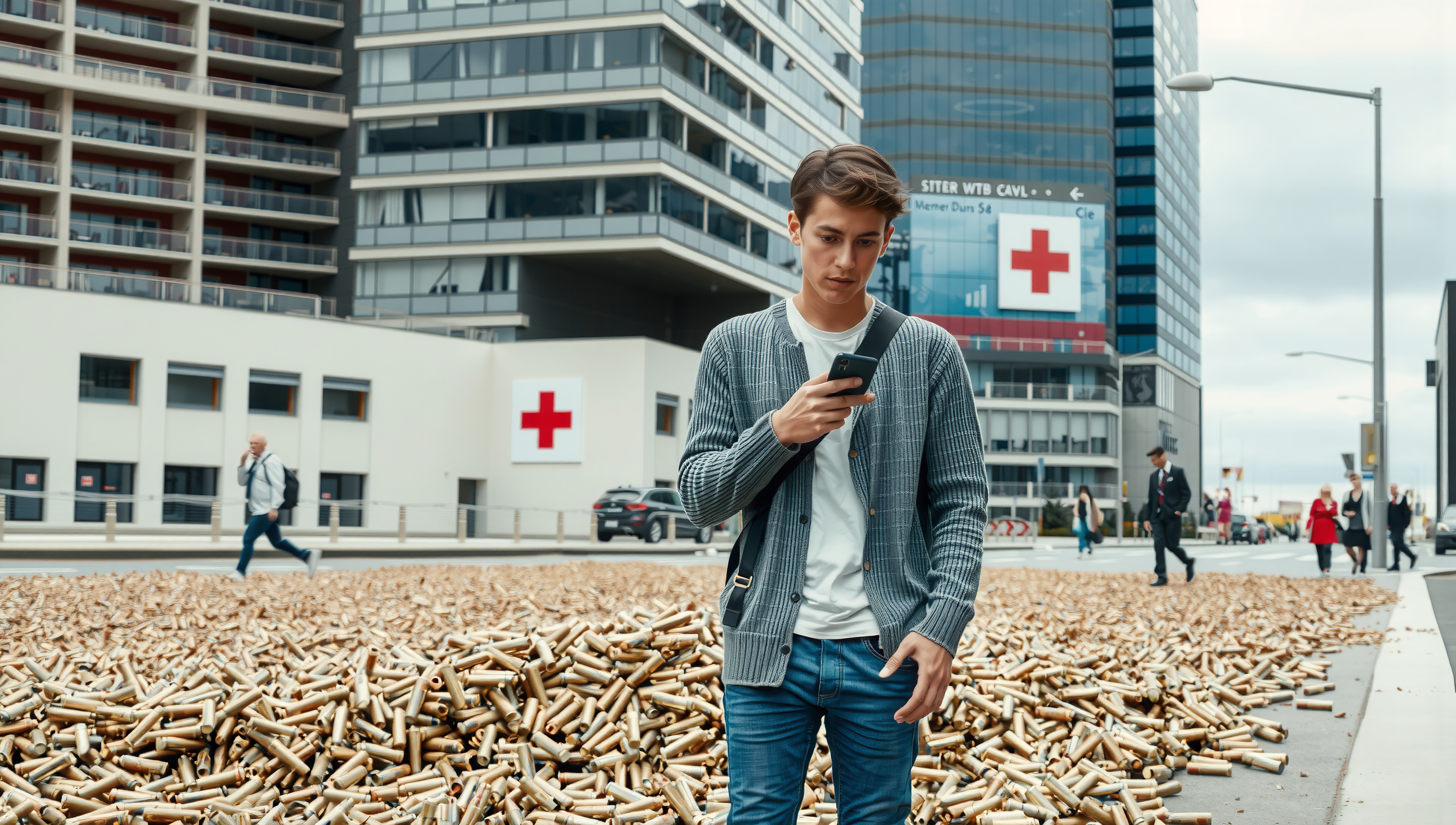 A young man walks over a street covered in bullet casings near buildings with red cross signs.