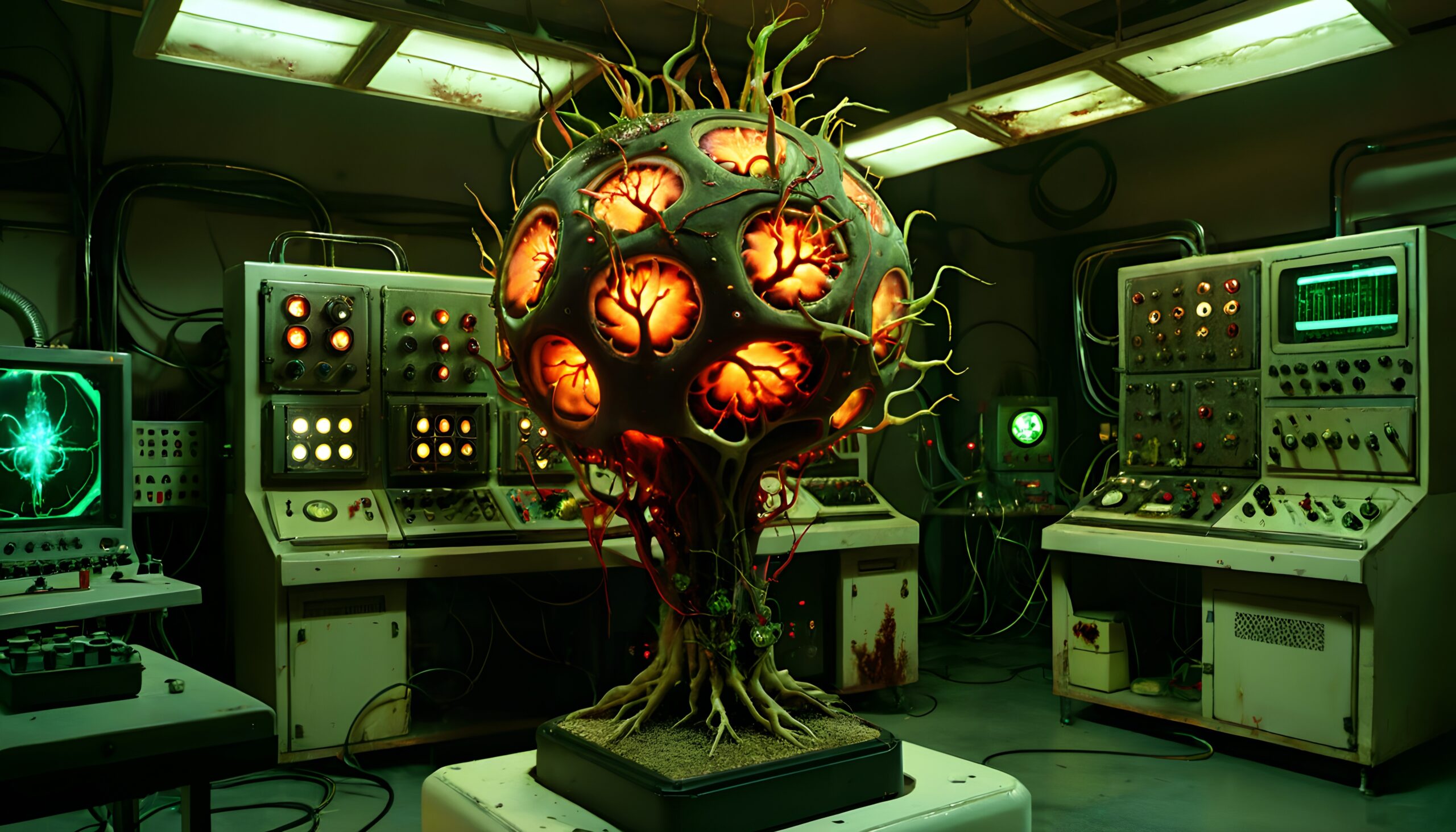 A sci-fi lab with an organic, glowing structure surrounded by retro control panels and eerie lighting.