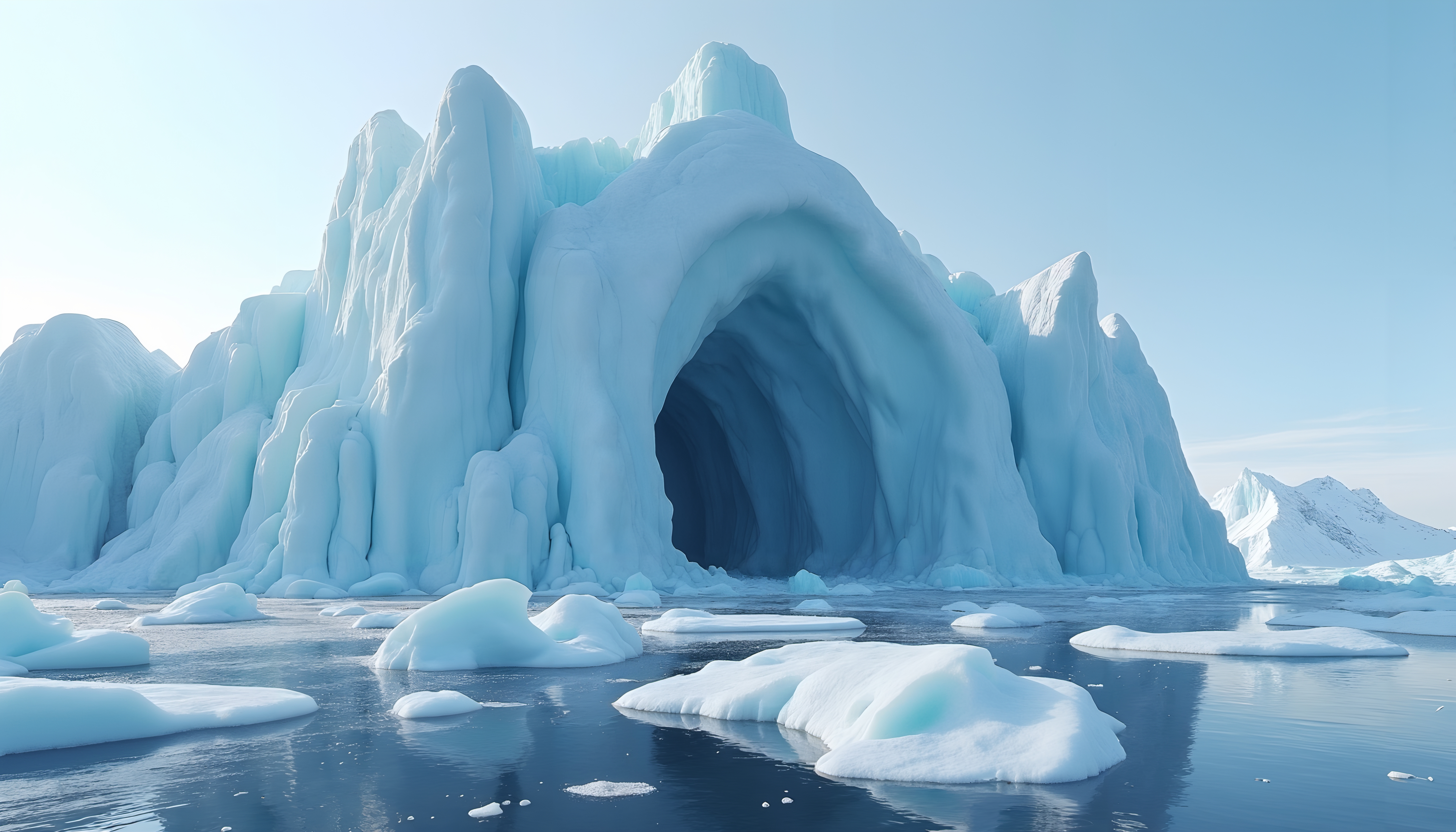 A mesmerizing iceberg with a large cave-like opening surrounded by icy waters under clear skies.