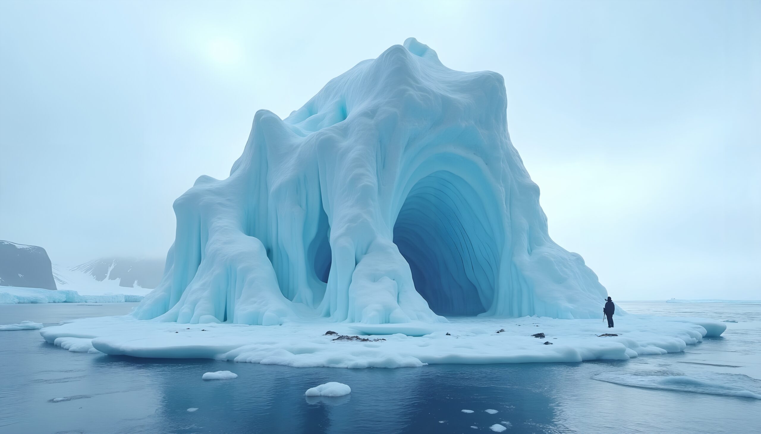 A stunning iceberg with intricate arches rises from icy waters under overcast skies, dwarfing a lone figure.