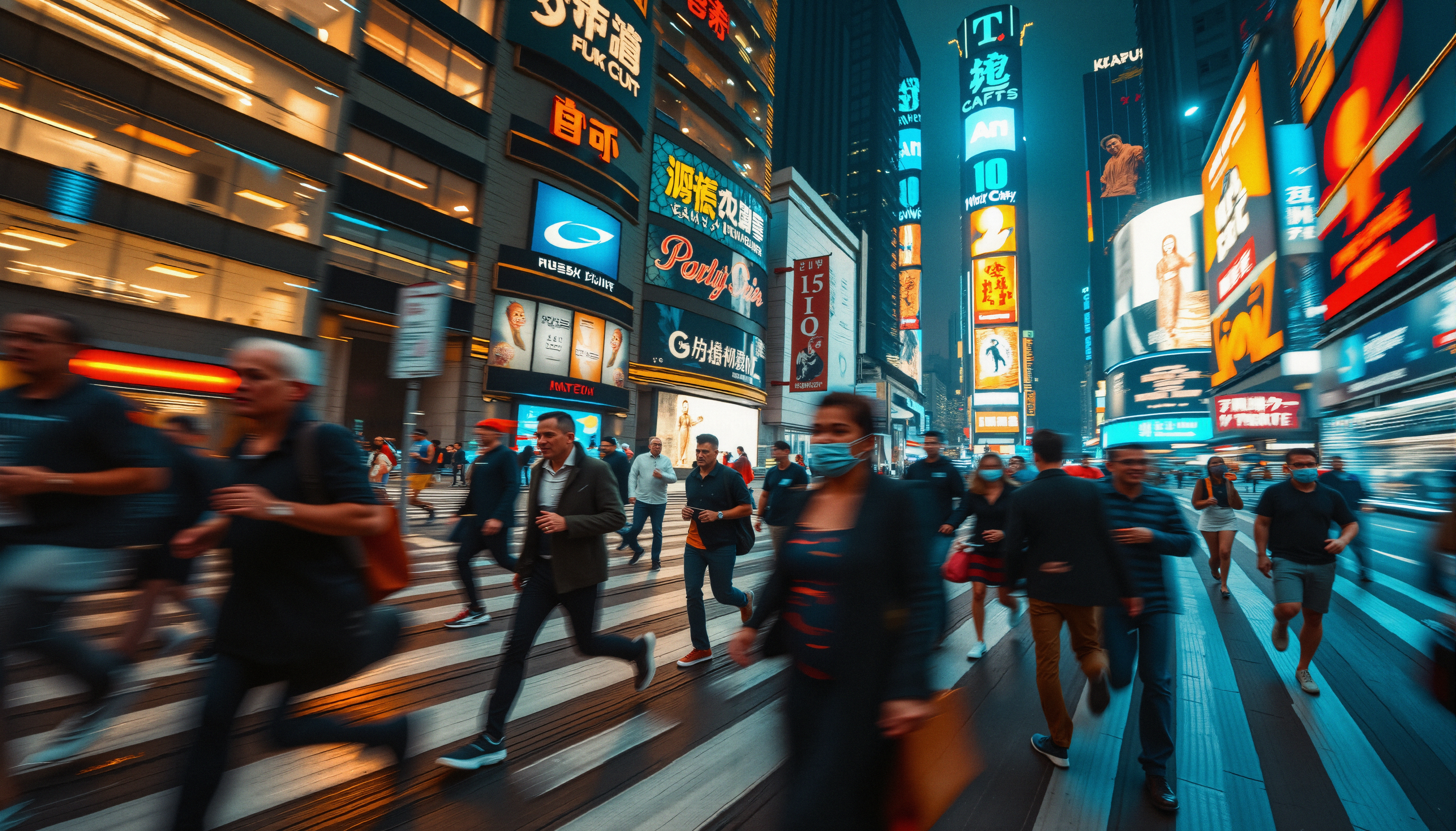 A bustling city street at night with people walking past bright, colorful advertisements.