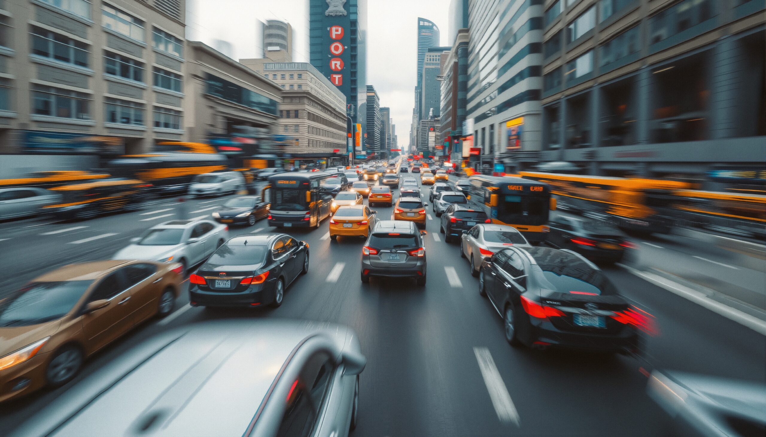 A busy city street at rush hour with cars and buses in motion, surrounded by tall buildings and bright lights.