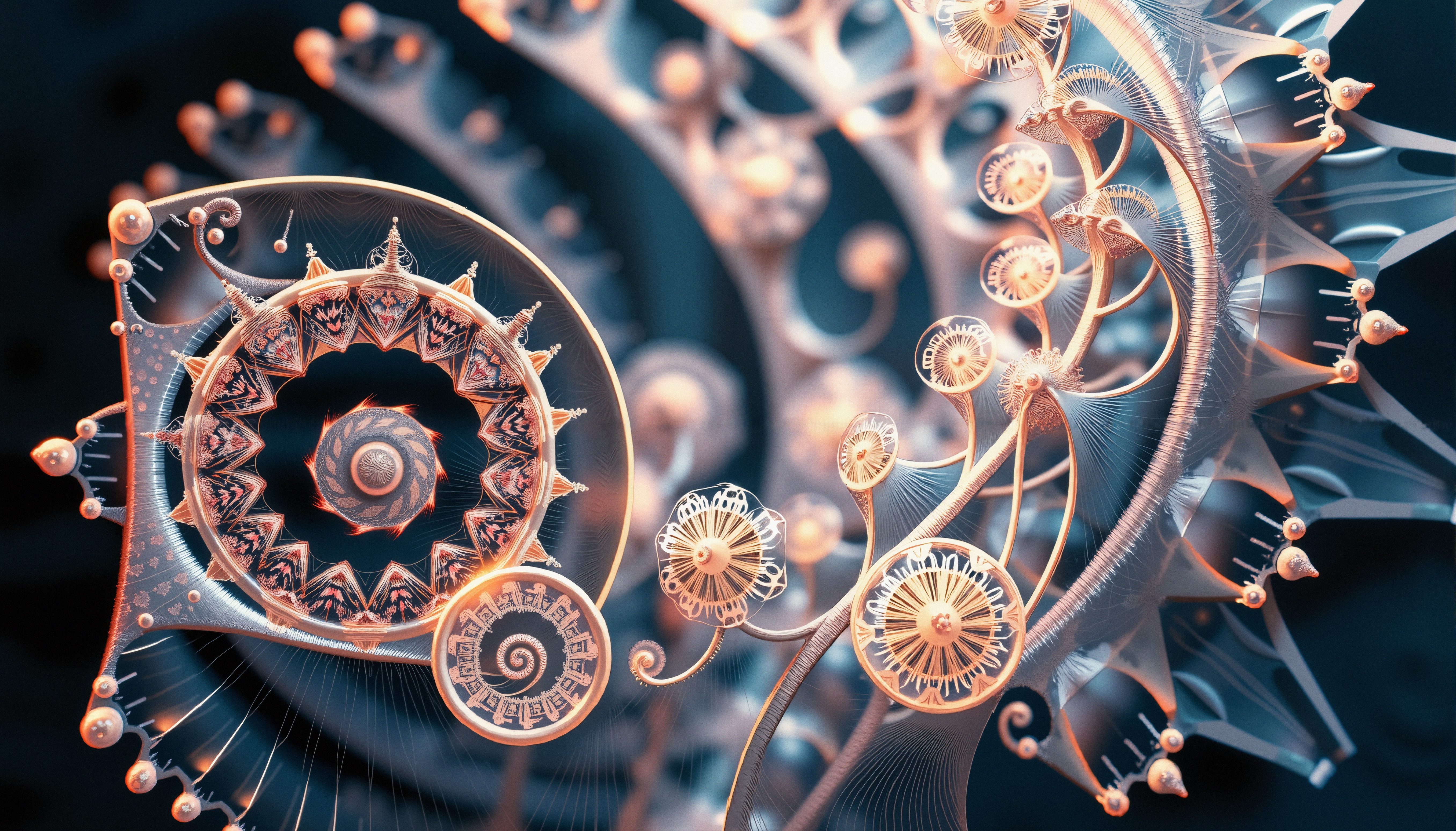 Intricate fractal artwork with symmetric spirals and organic patterns.
