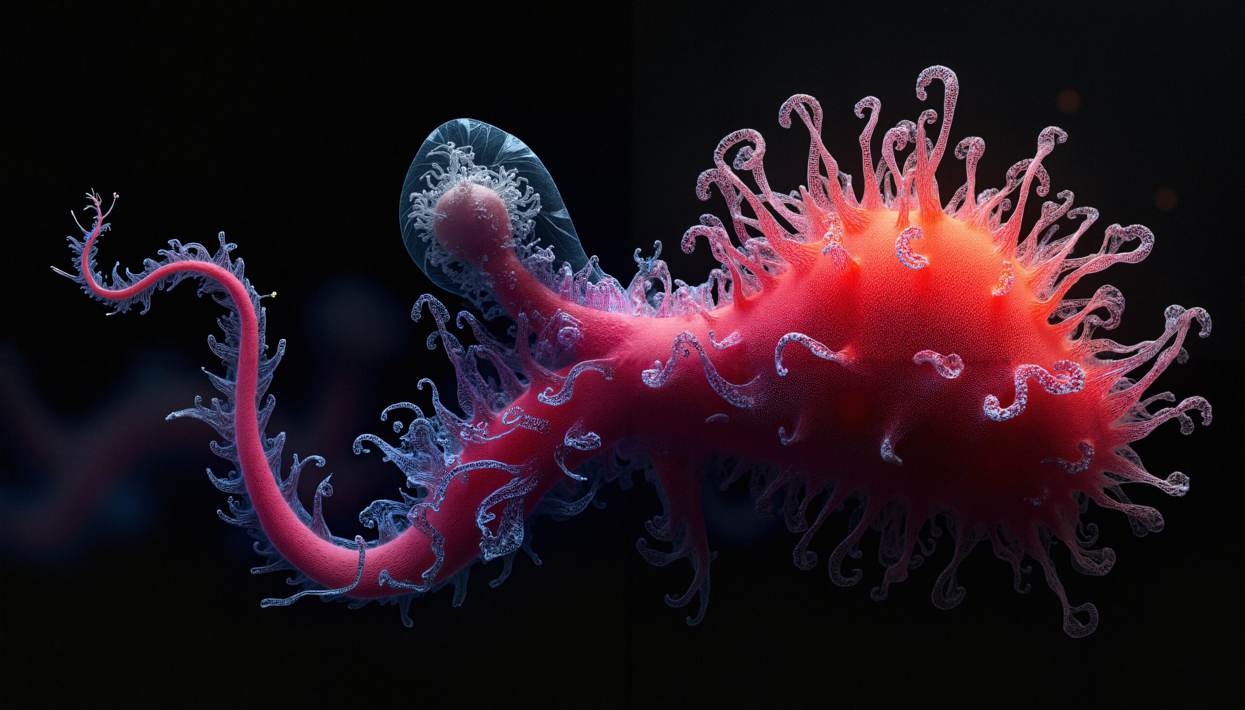 Abstract and intricate digital illustration resembling a fantastical microscopic organism with vibrant tendrils.