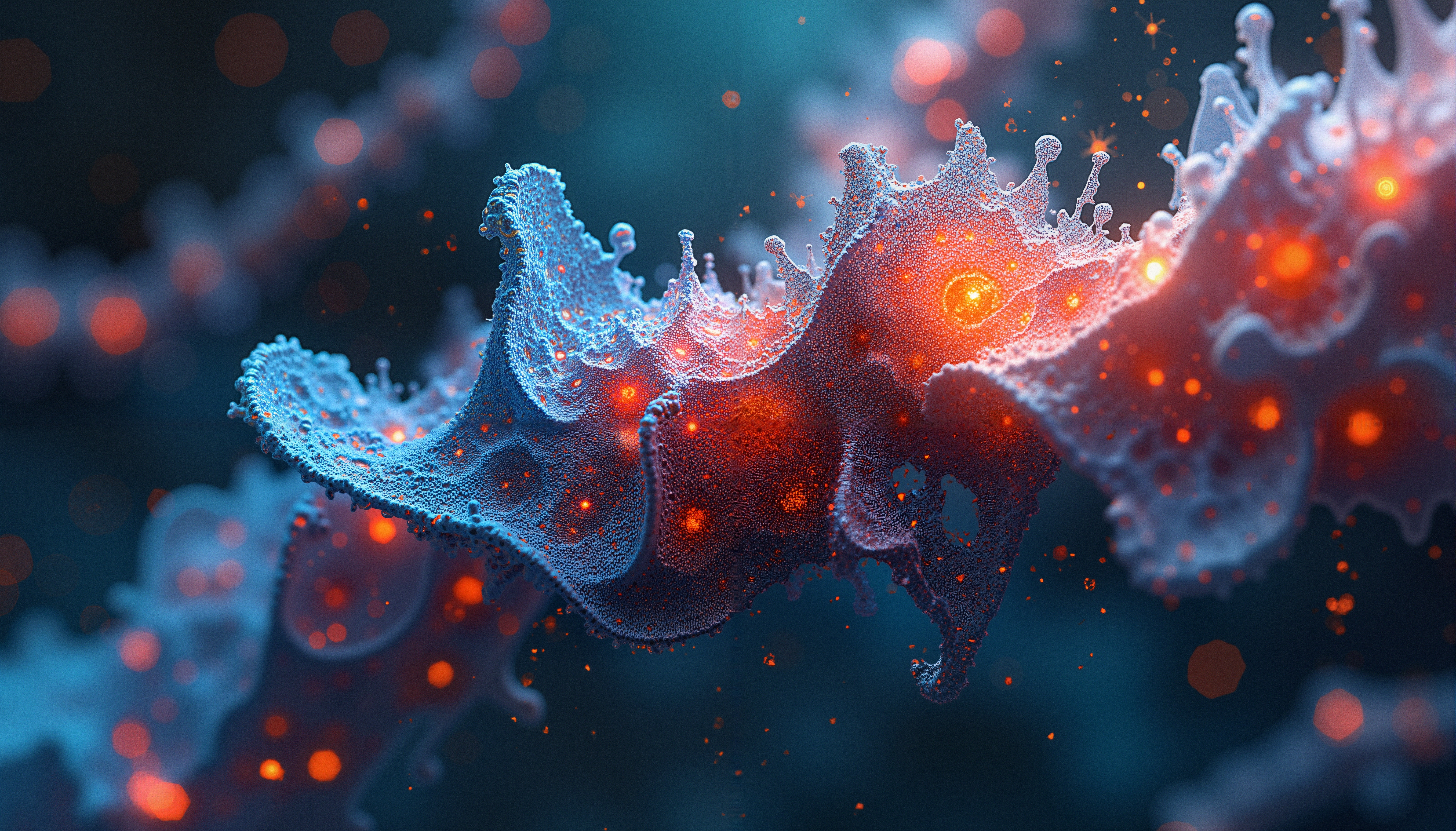 Abstract digital art featuring a blue and orange microscopic structure with glowing particles.