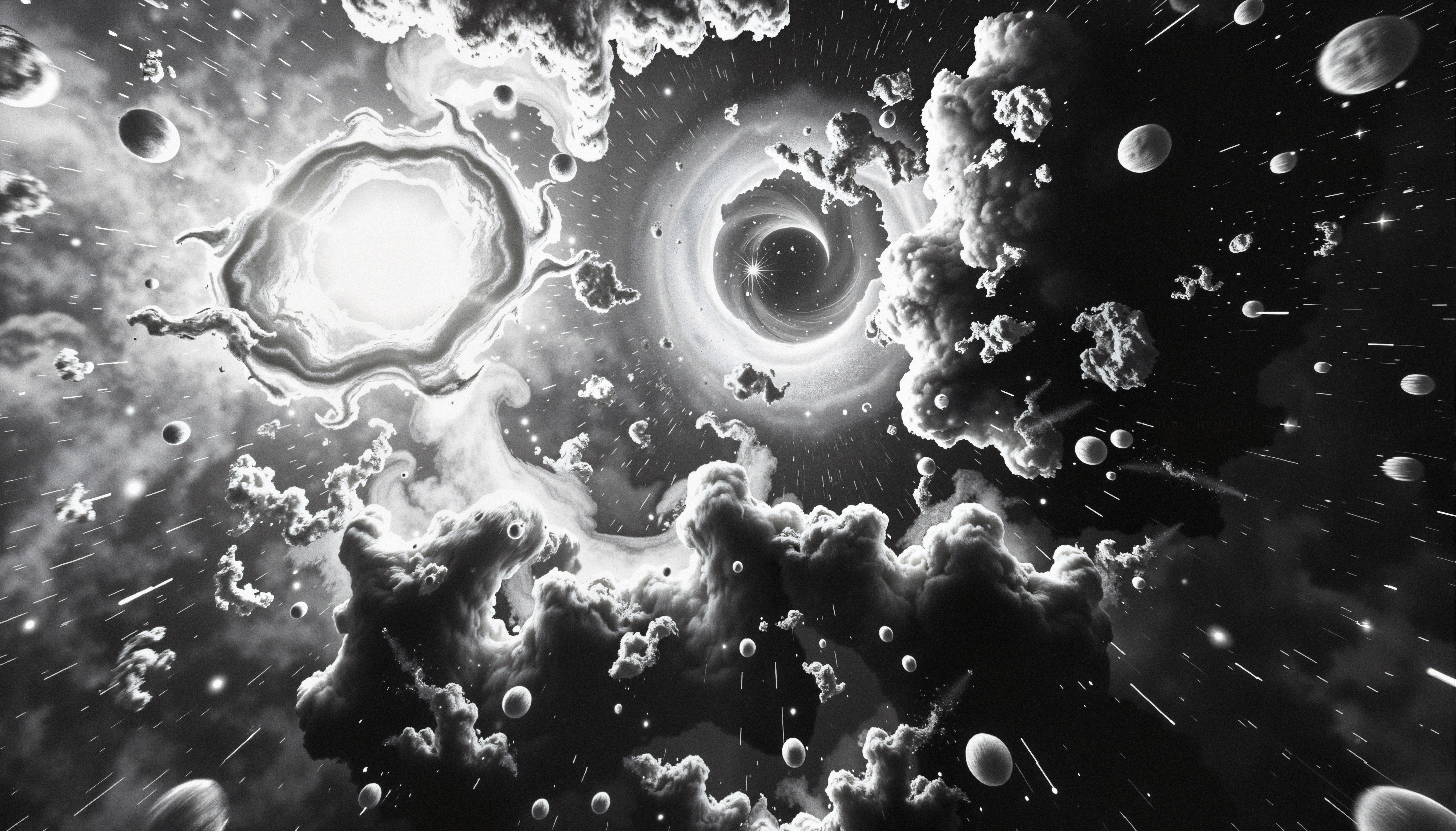 A monochromatic cosmic scene with swirling celestial bodies, planets, and clouds.