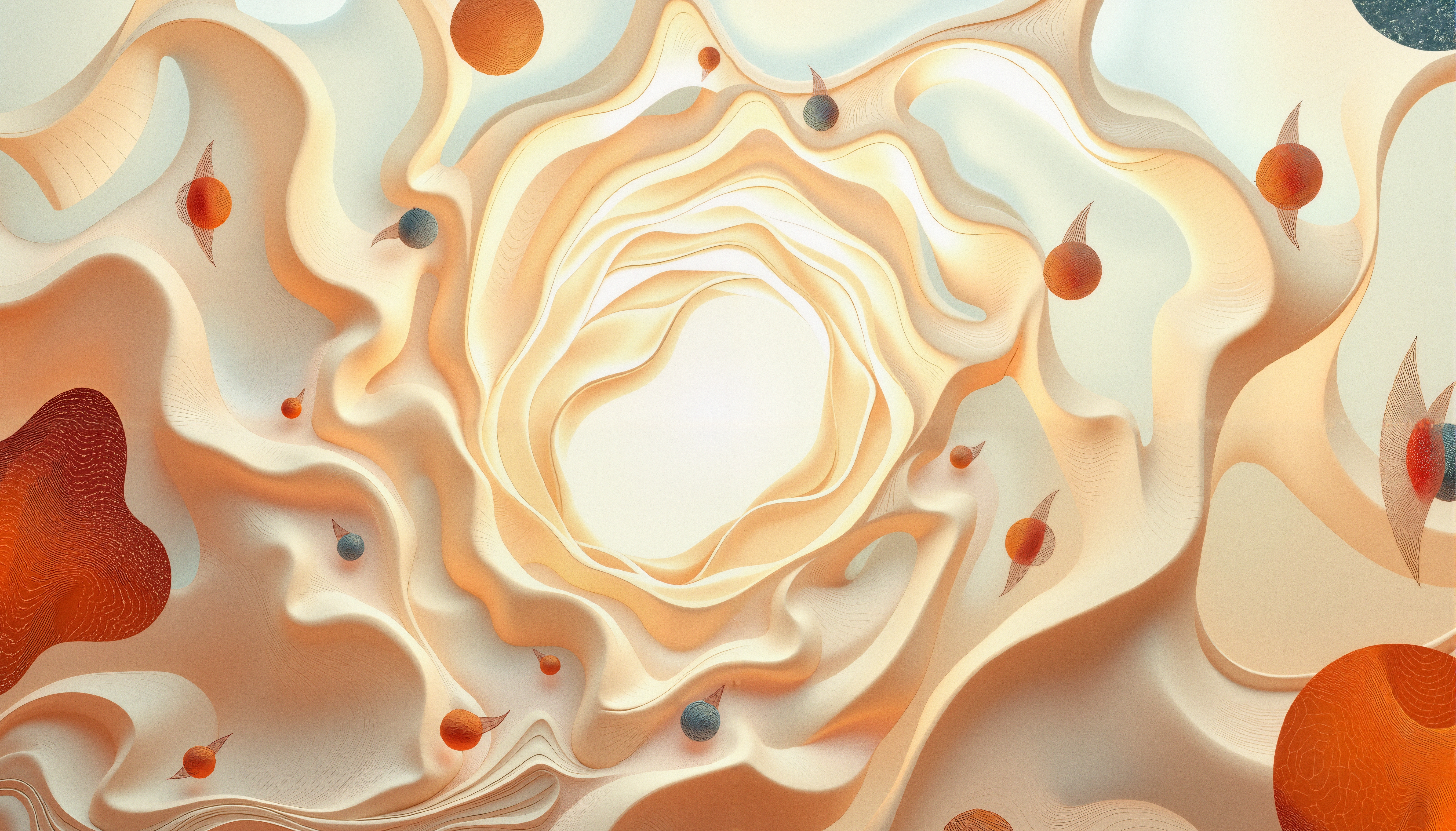 Abstract art with swirling, layered shapes in orange, beige, and white, featuring spherical objects.