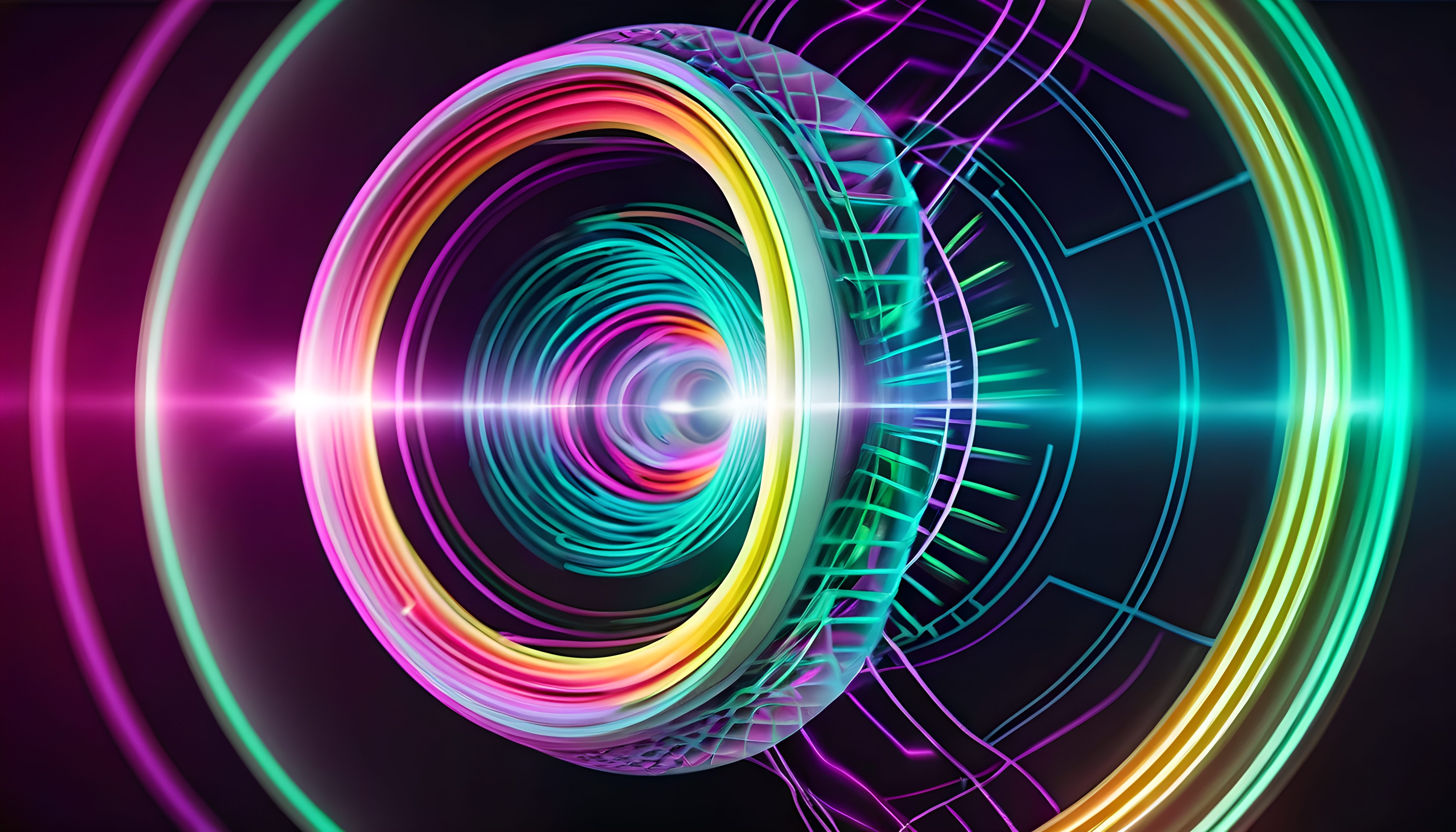 A vibrant abstract design with neon colors and futuristic circles radiating energy.