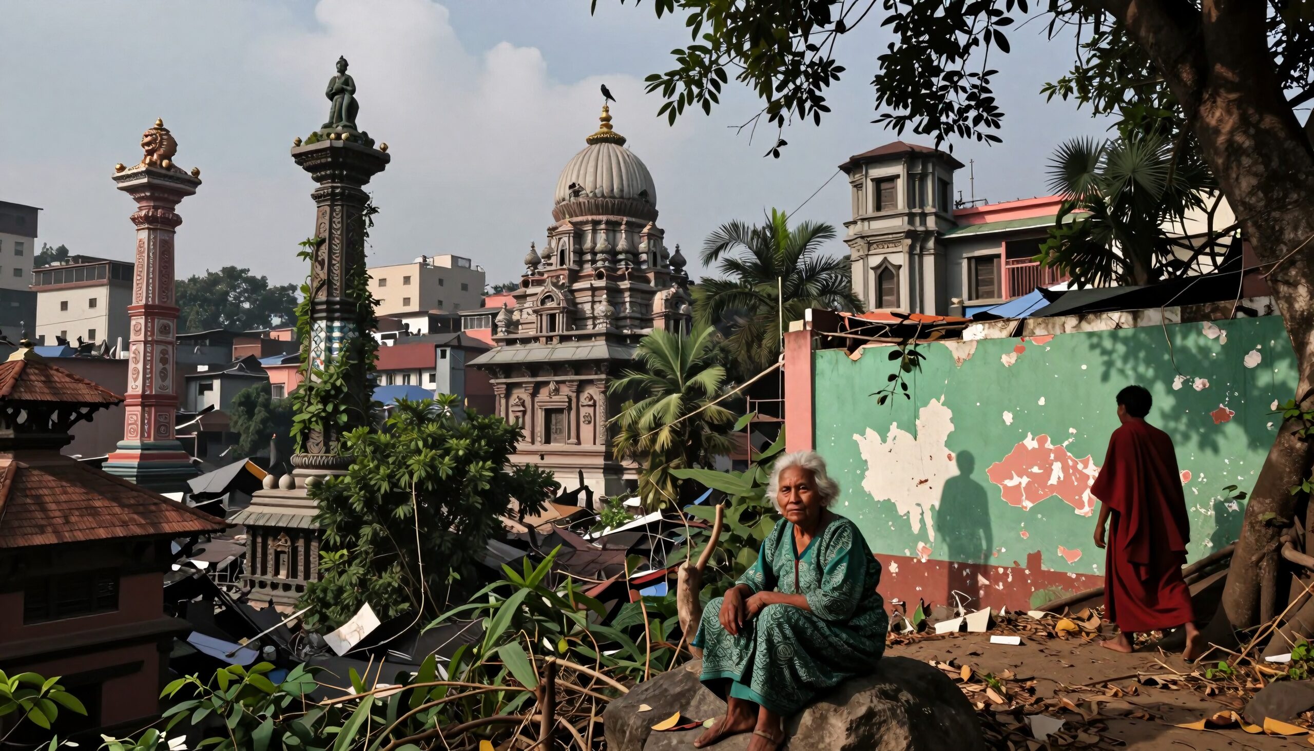 A woman sits by an ancient temple amidst foliage, embodying a serene urban landscape.