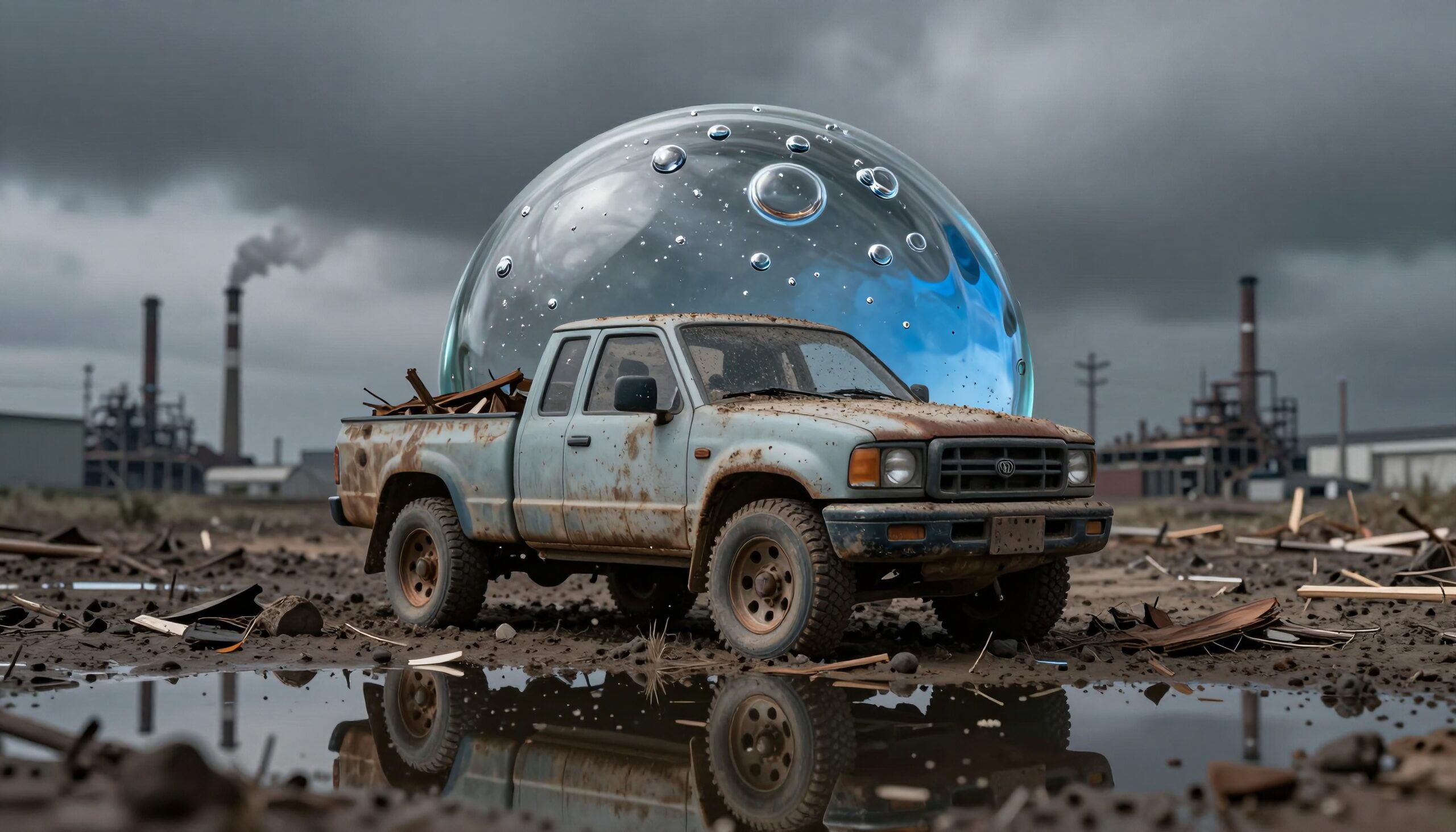 A rusty pickup truck with a large transparent bubble in an industrial landscape.