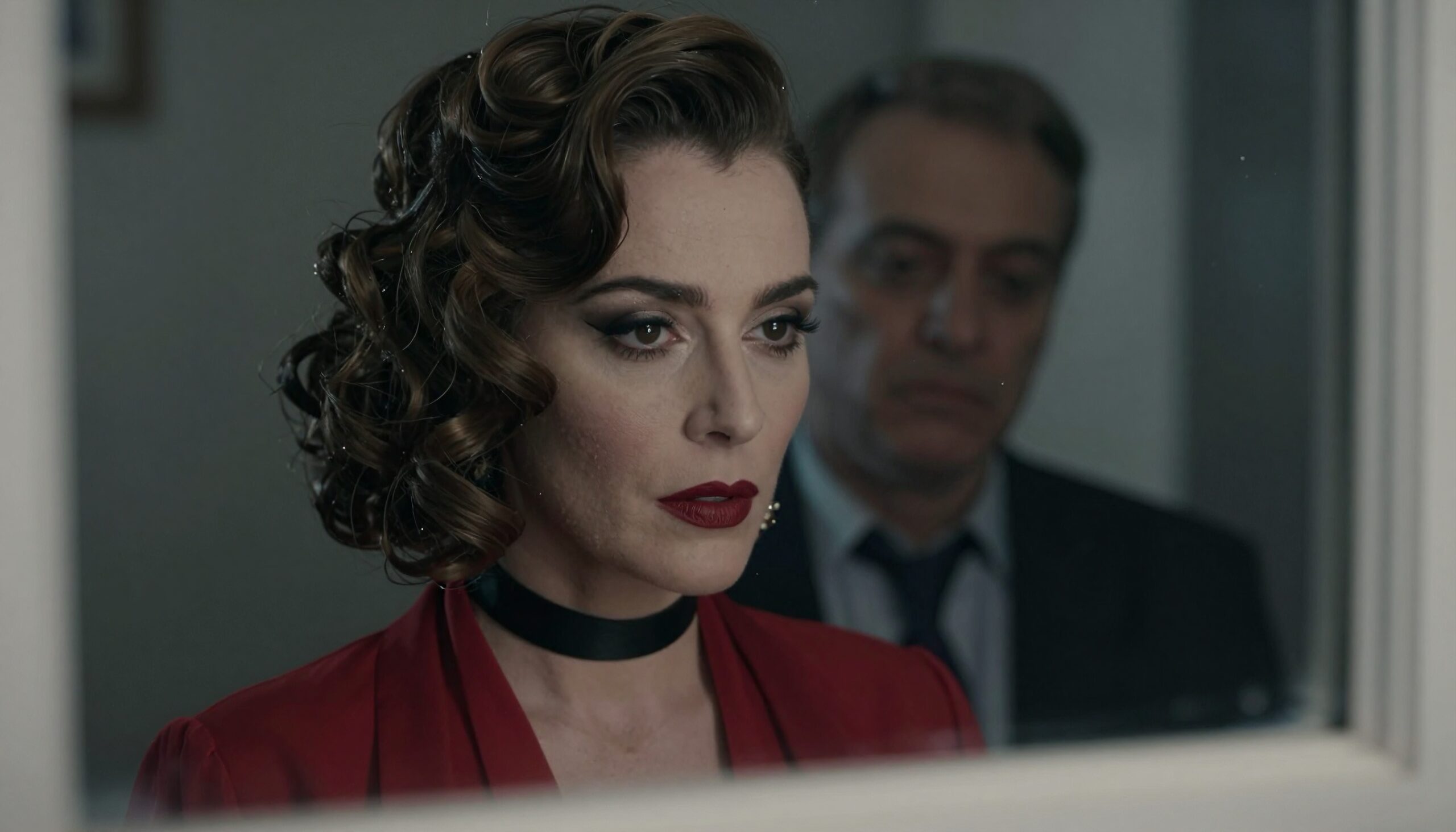 A woman with curly hair and red lipstick looks into a mirror, a man in the background, creating a dramatic and mysterious scene.