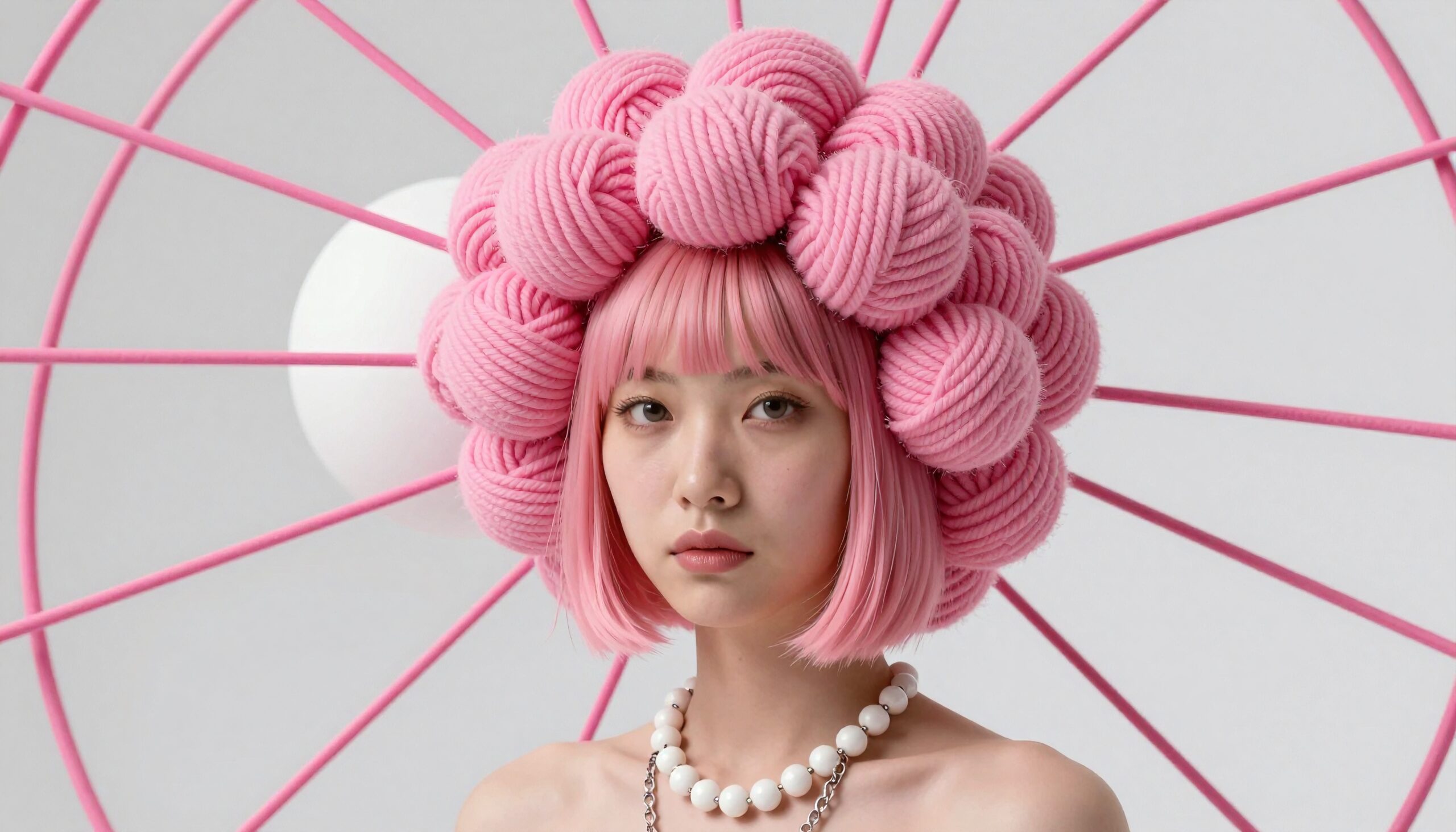A person with pink yarn hair and a pink structure backdrop.