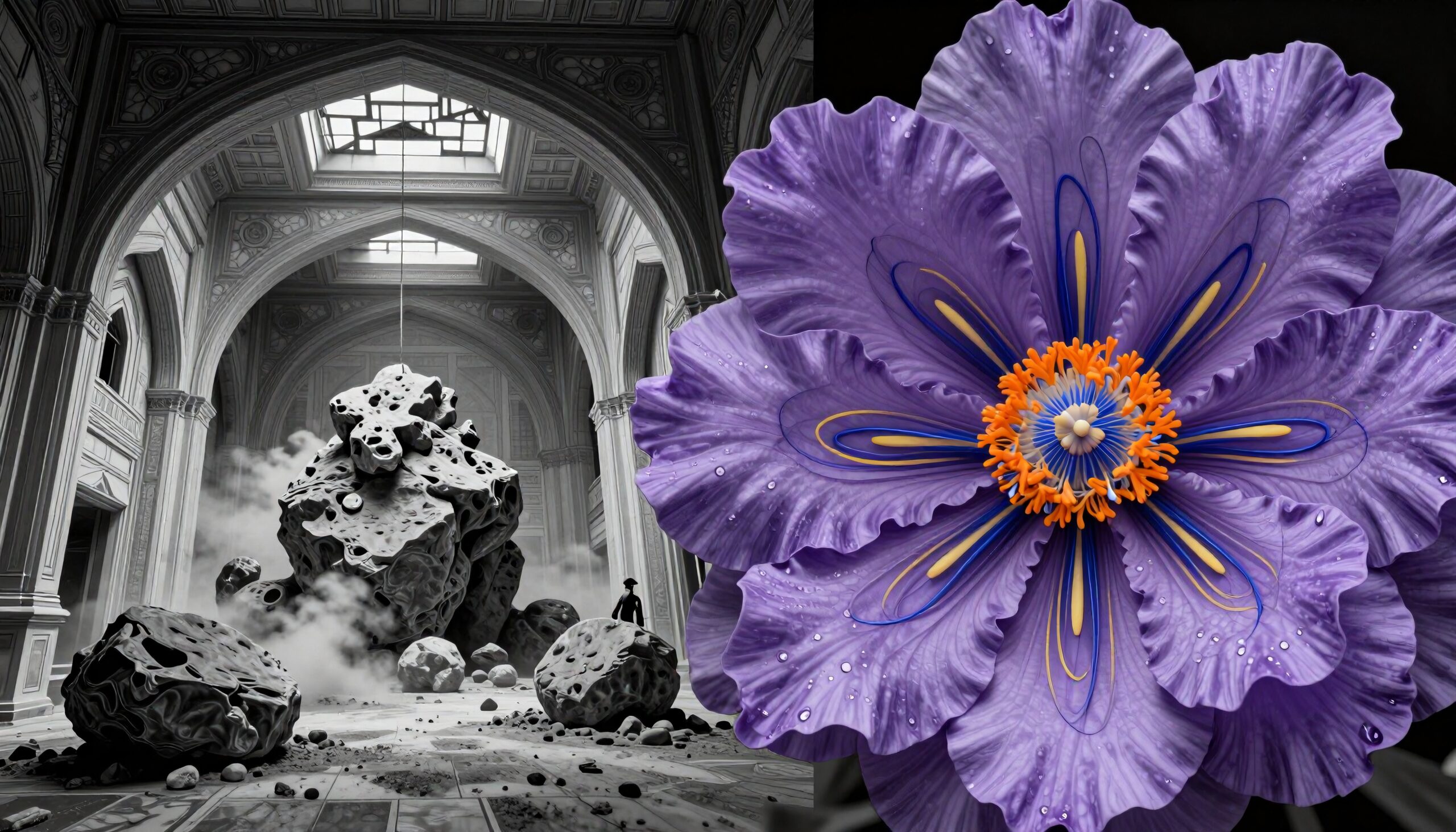 A vibrant purple flower with detailed petals and a surreal contrast between grayscale architecture and colorful nature.