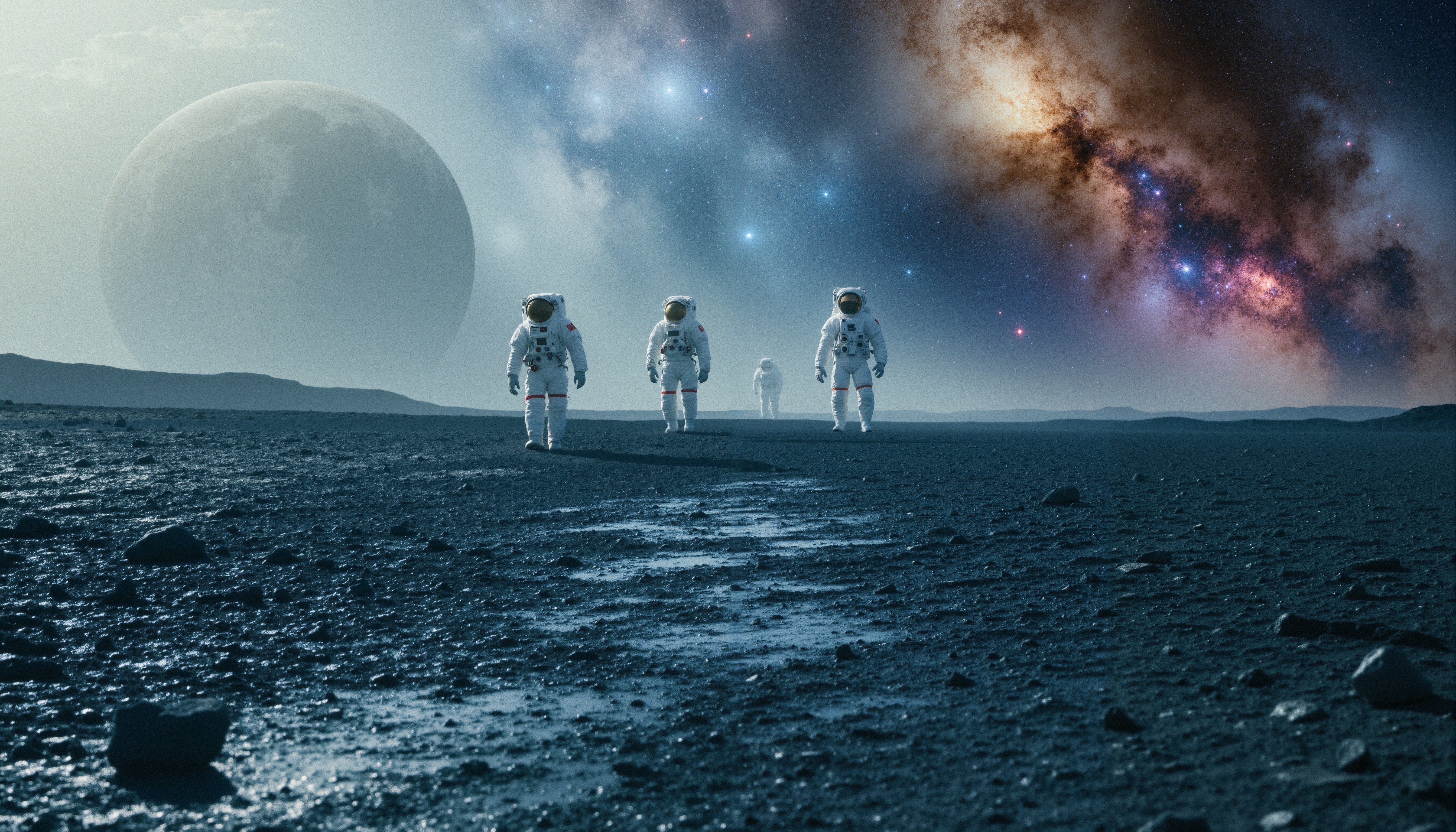 Astronauts exploring lunar-like terrain under star-filled sky.