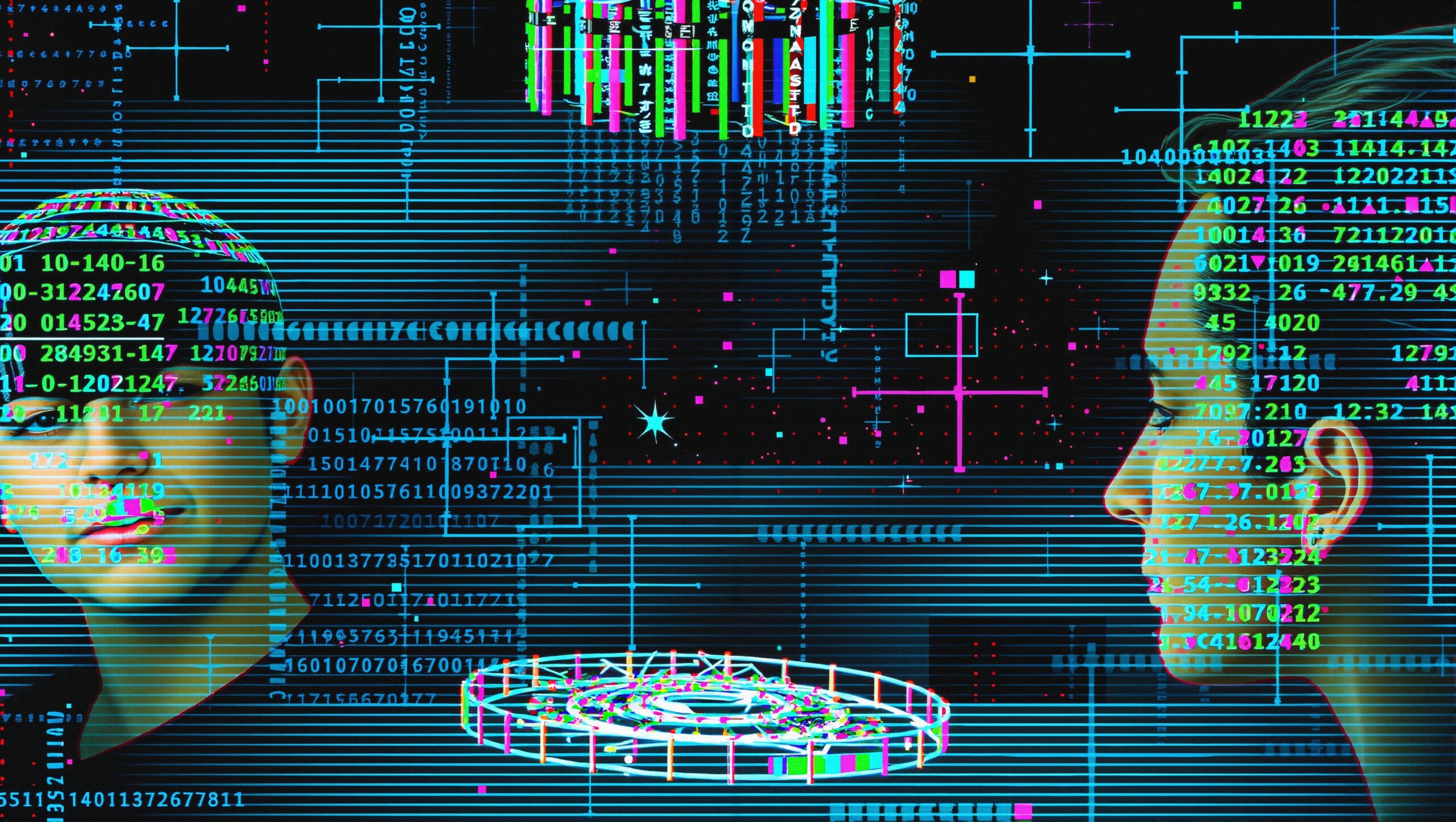Futuristic digital collage depicting interconnected human faces with data and codes in a vibrant, high-tech style.