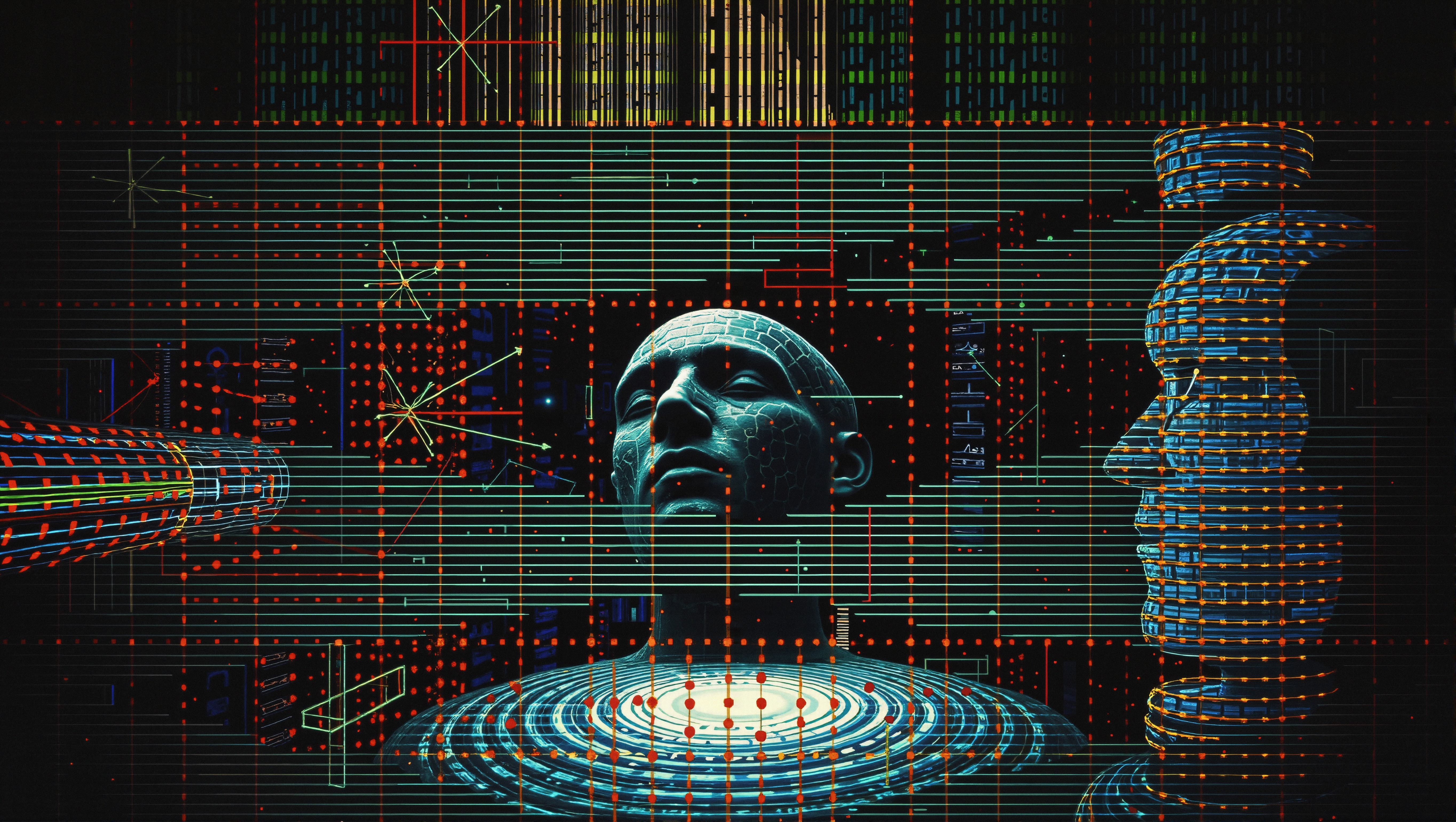 Futuristic digital artwork featuring intricate human-like figures and geometric networks with neon elements.